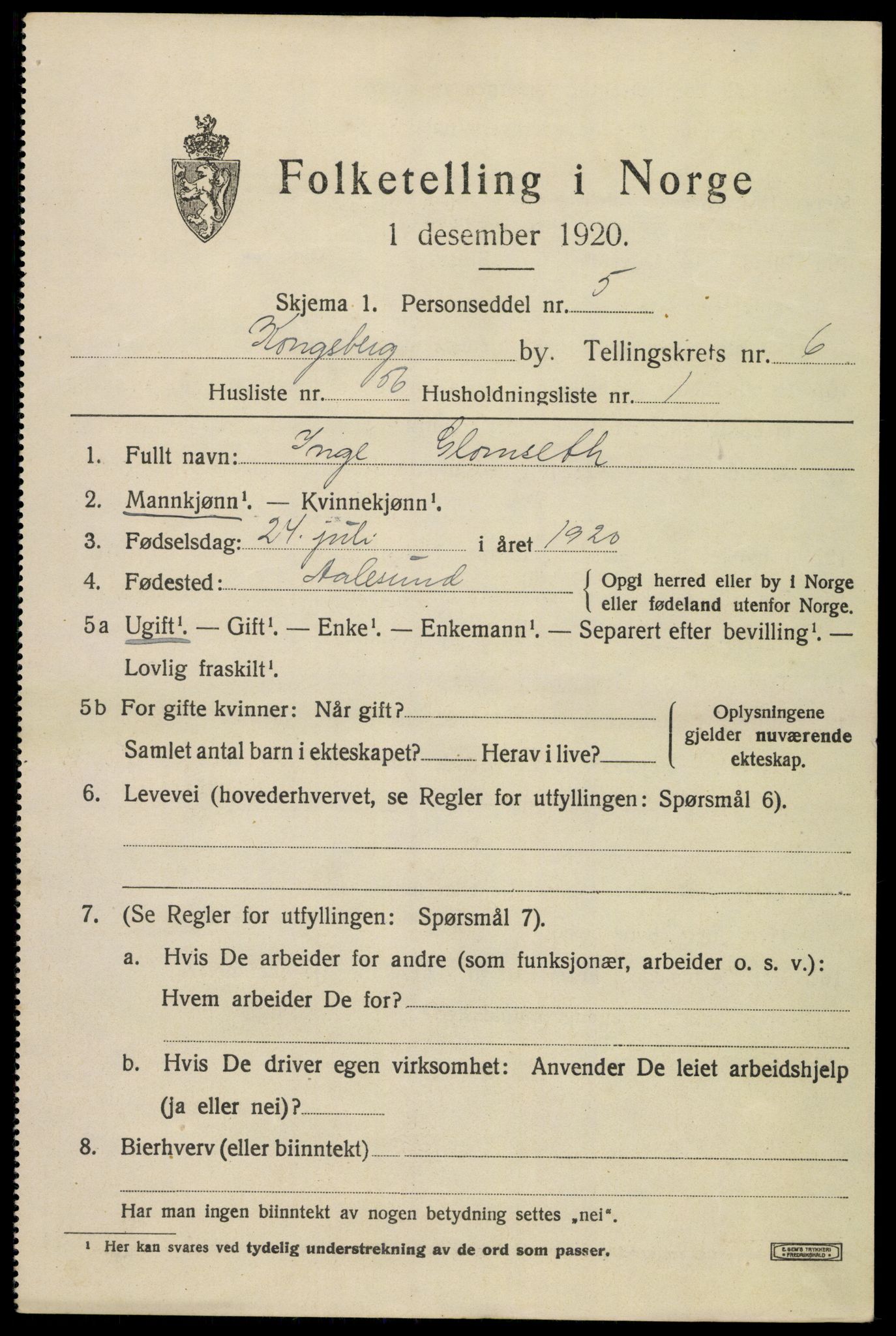 SAKO, 1920 census for Kongsberg, 1920, p. 14138