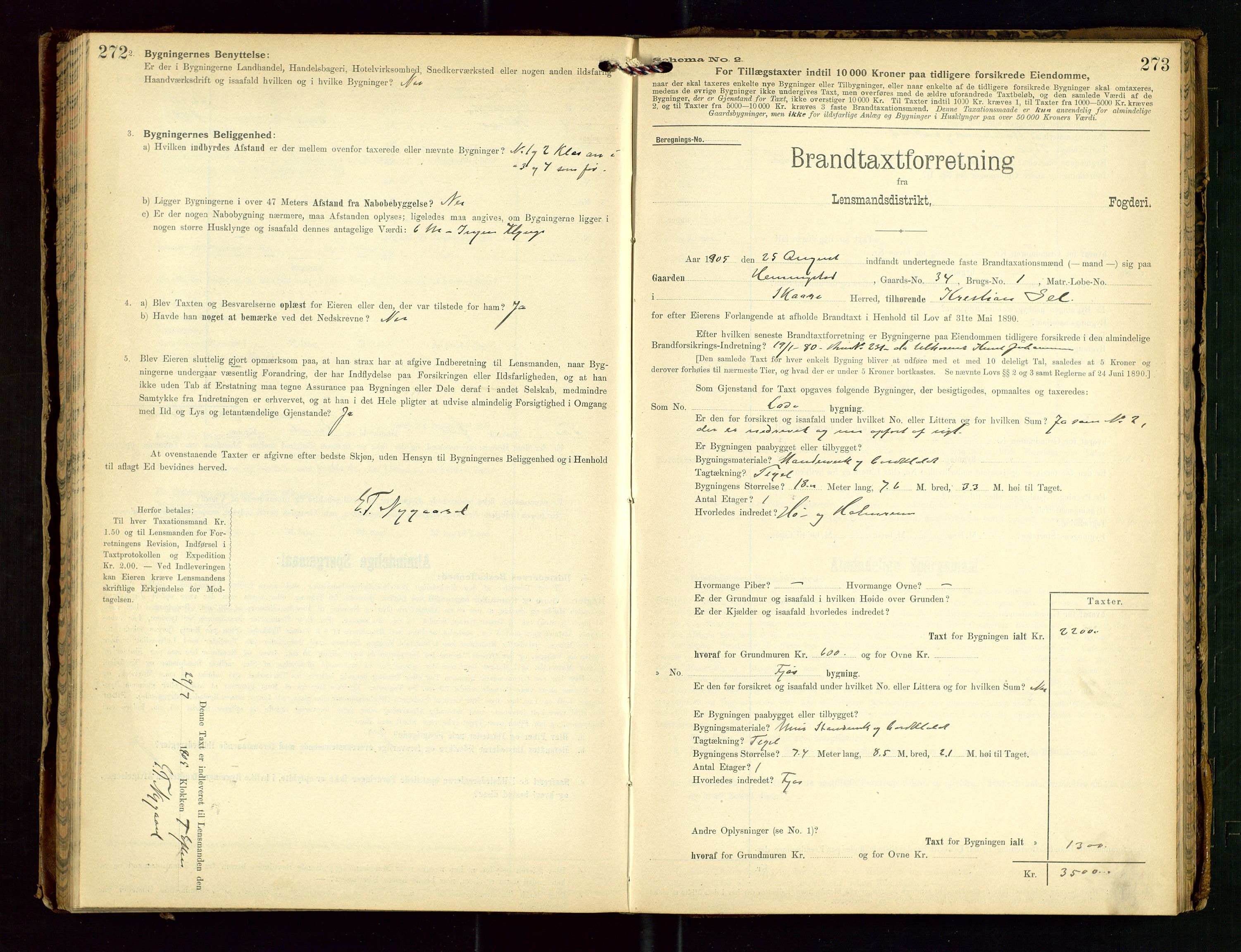 Torvestad lensmannskontor, SAST/A-100307/1/Gob/L0003: "Brandtaxationsprotokol for Torvestad Lensmannsdistrikt", 1905-1909, p. 272-273