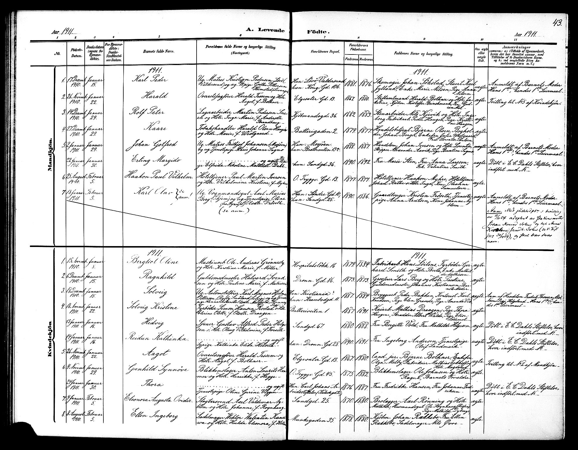 Ministerialprotokoller, klokkerbøker og fødselsregistre - Sør-Trøndelag, SAT/A-1456/602/L0146: Parish register (copy) no. 602C14, 1904-1914, p. 43