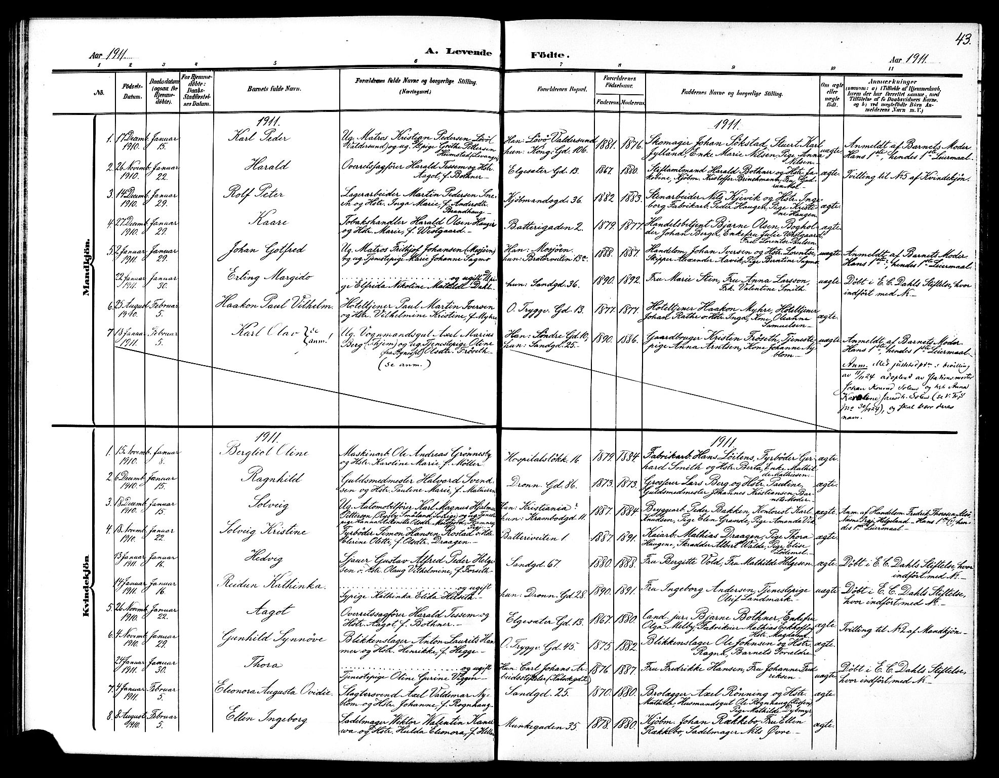 Ministerialprotokoller, klokkerbøker og fødselsregistre - Sør-Trøndelag, AV/SAT-A-1456/602/L0146: Parish register (copy) no. 602C14, 1904-1914, p. 43