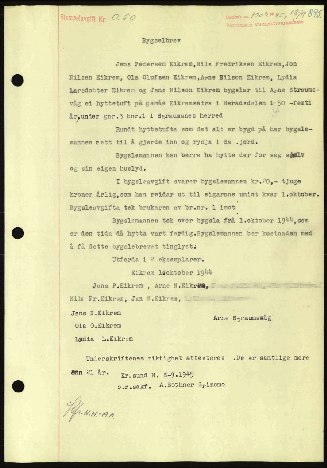 Nordmøre sorenskriveri, AV/SAT-A-4132/1/2/2Ca: Mortgage book no. B92, 1944-1945, Diary no: : 1202/1945