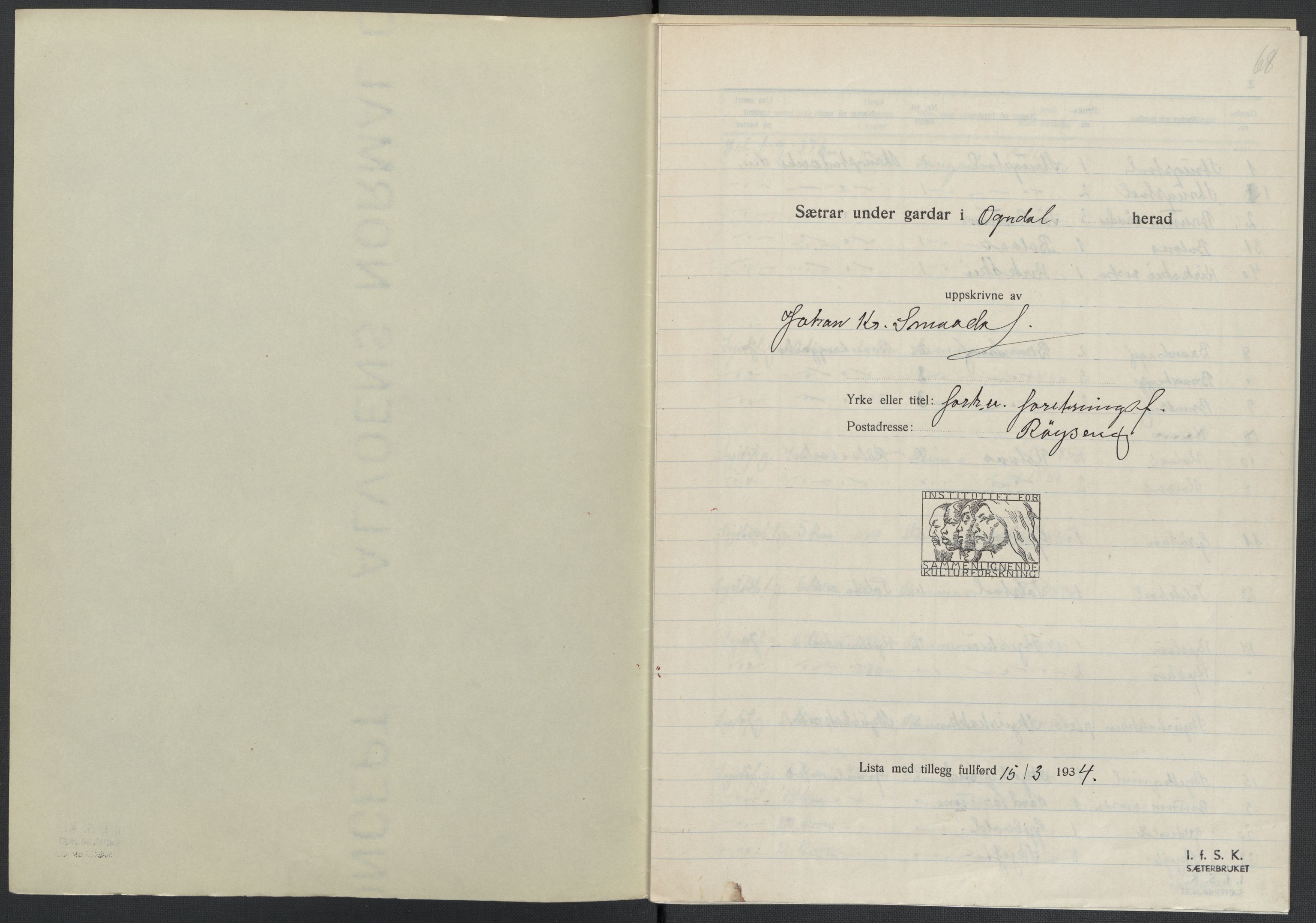 Instituttet for sammenlignende kulturforskning, AV/RA-PA-0424/F/Fc/L0015/0002: Eske B15: / Nord-Trøndelag (perm XLIII), 1933-1938, p. 68