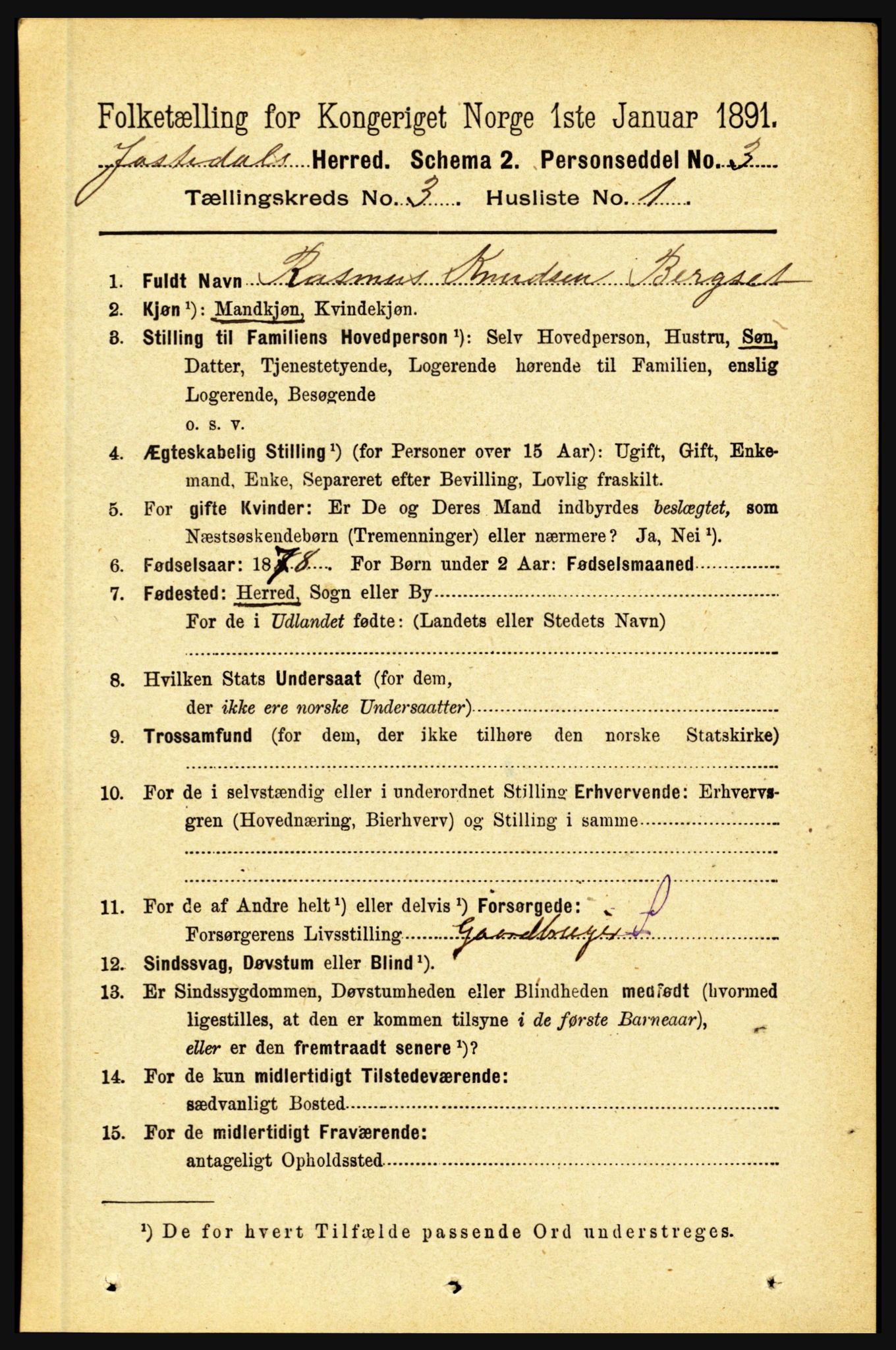 RA, 1891 census for 1427 Jostedal, 1891, p. 897