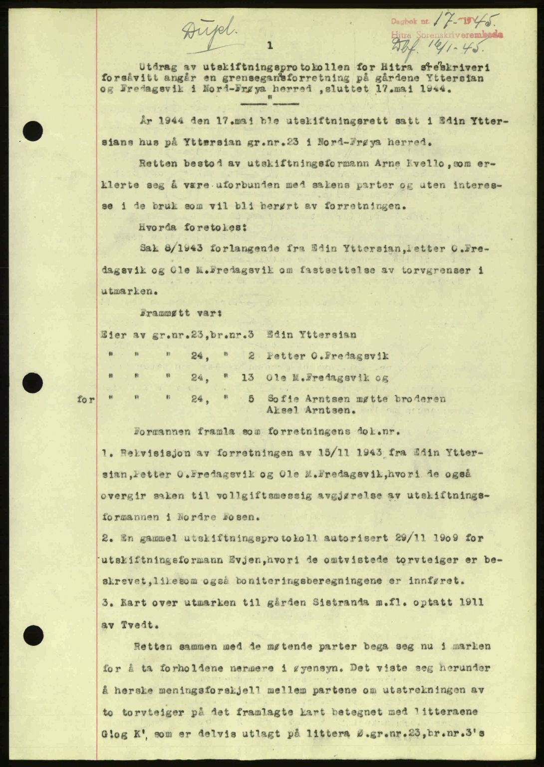 Hitra sorenskriveri, AV/SAT-A-0018/2/2C/2Ca: Mortgage book no. A2, 1943-1945, Diary no: : 17/1945