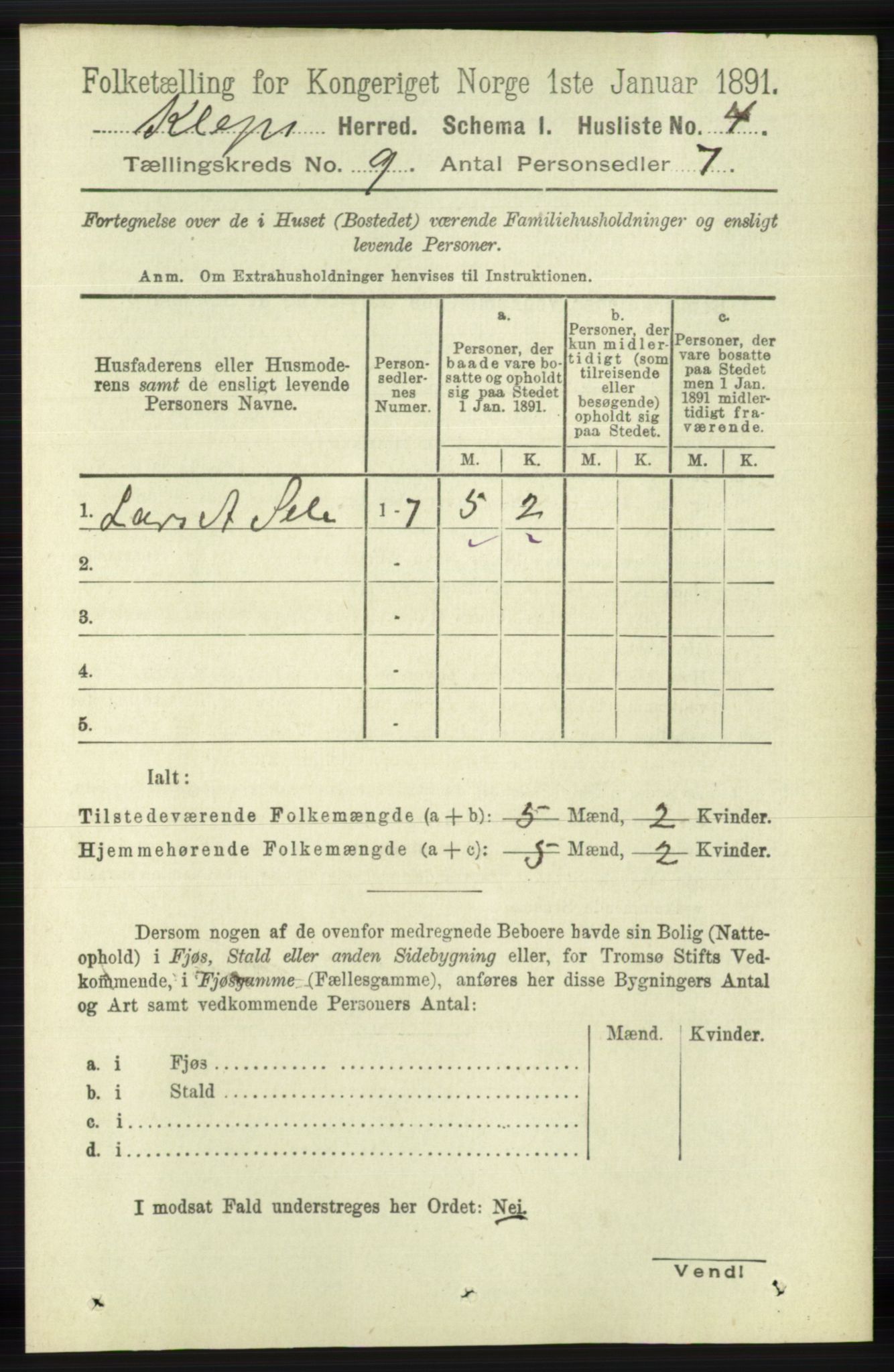 RA, 1891 census for 1120 Klepp, 1891, p. 2712