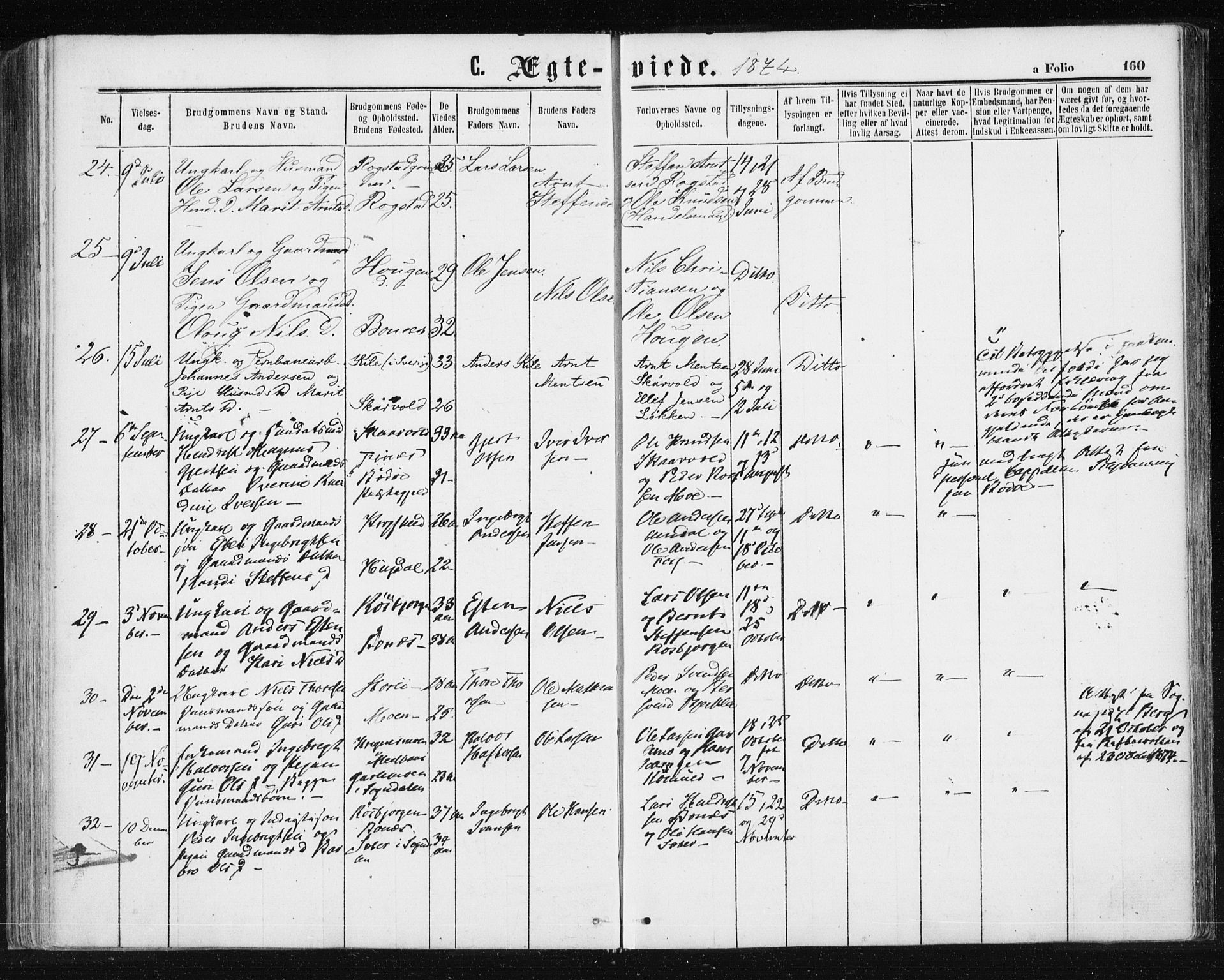 Ministerialprotokoller, klokkerbøker og fødselsregistre - Sør-Trøndelag, AV/SAT-A-1456/687/L1001: Parish register (official) no. 687A07, 1863-1878, p. 160