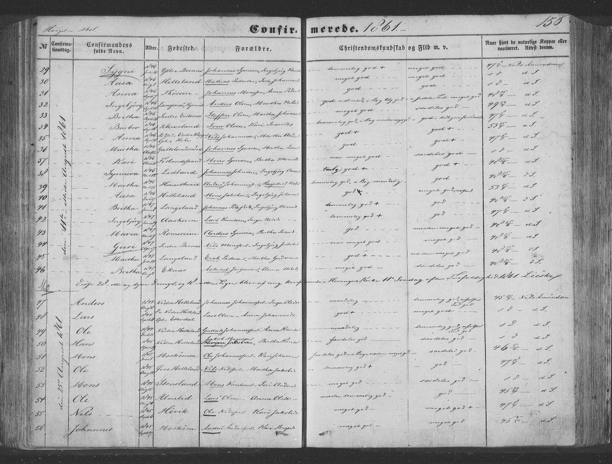 Hosanger sokneprestembete, SAB/A-75801/H/Haa: Parish register (official) no. A 8, 1849-1863, p. 156