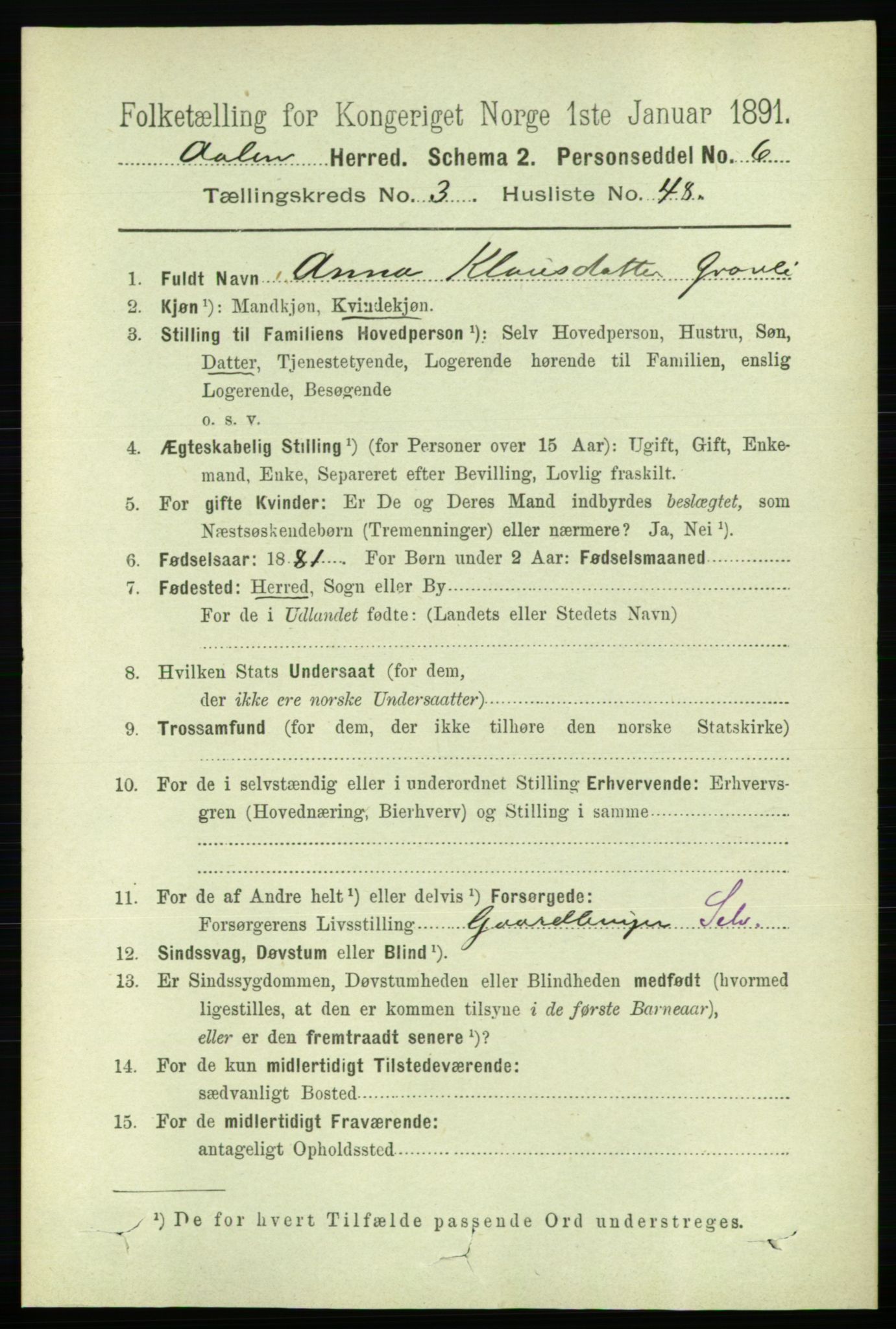 RA, 1891 census for 1644 Ålen, 1891, p. 1115