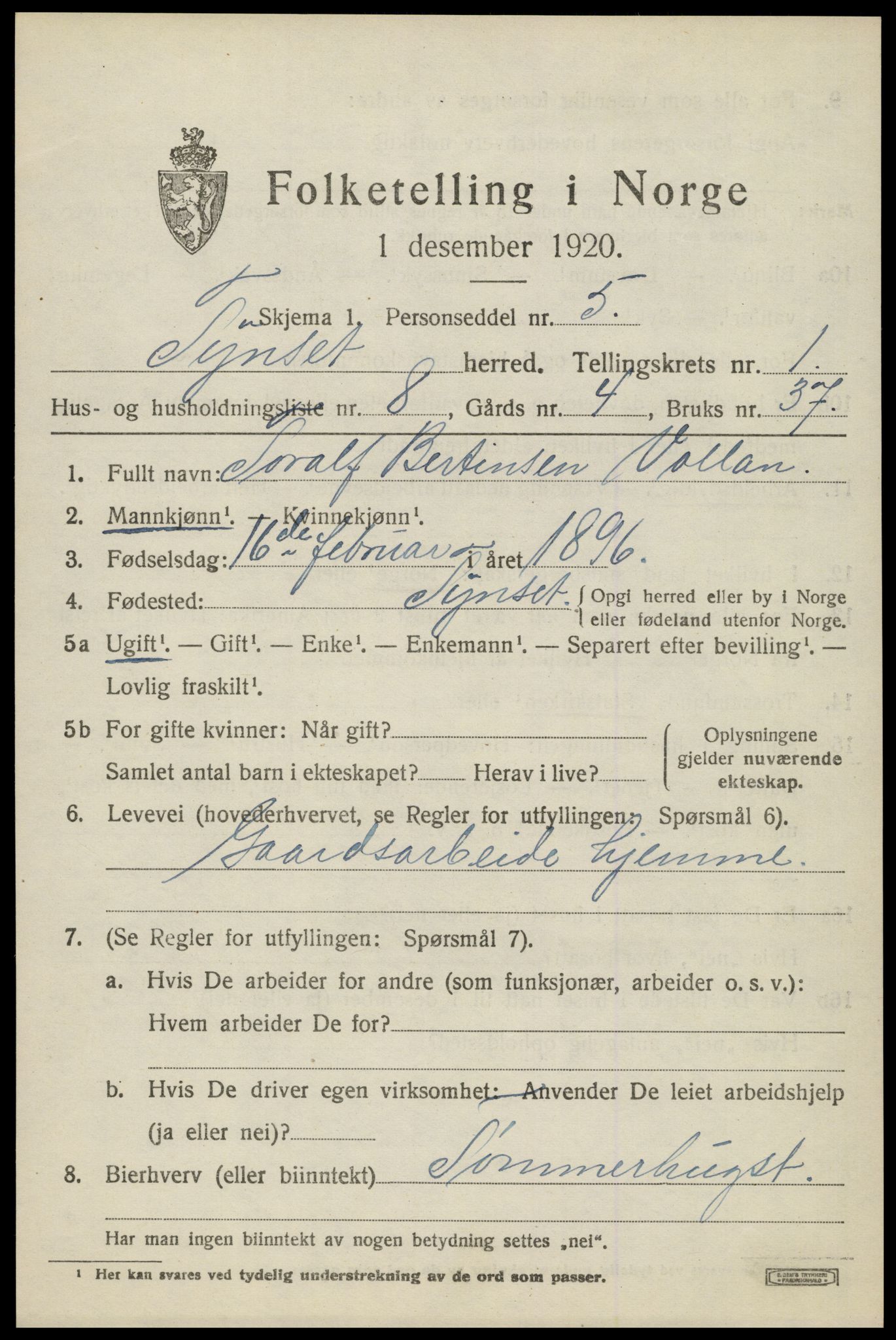 SAH, 1920 census for Tynset, 1920, p. 1612