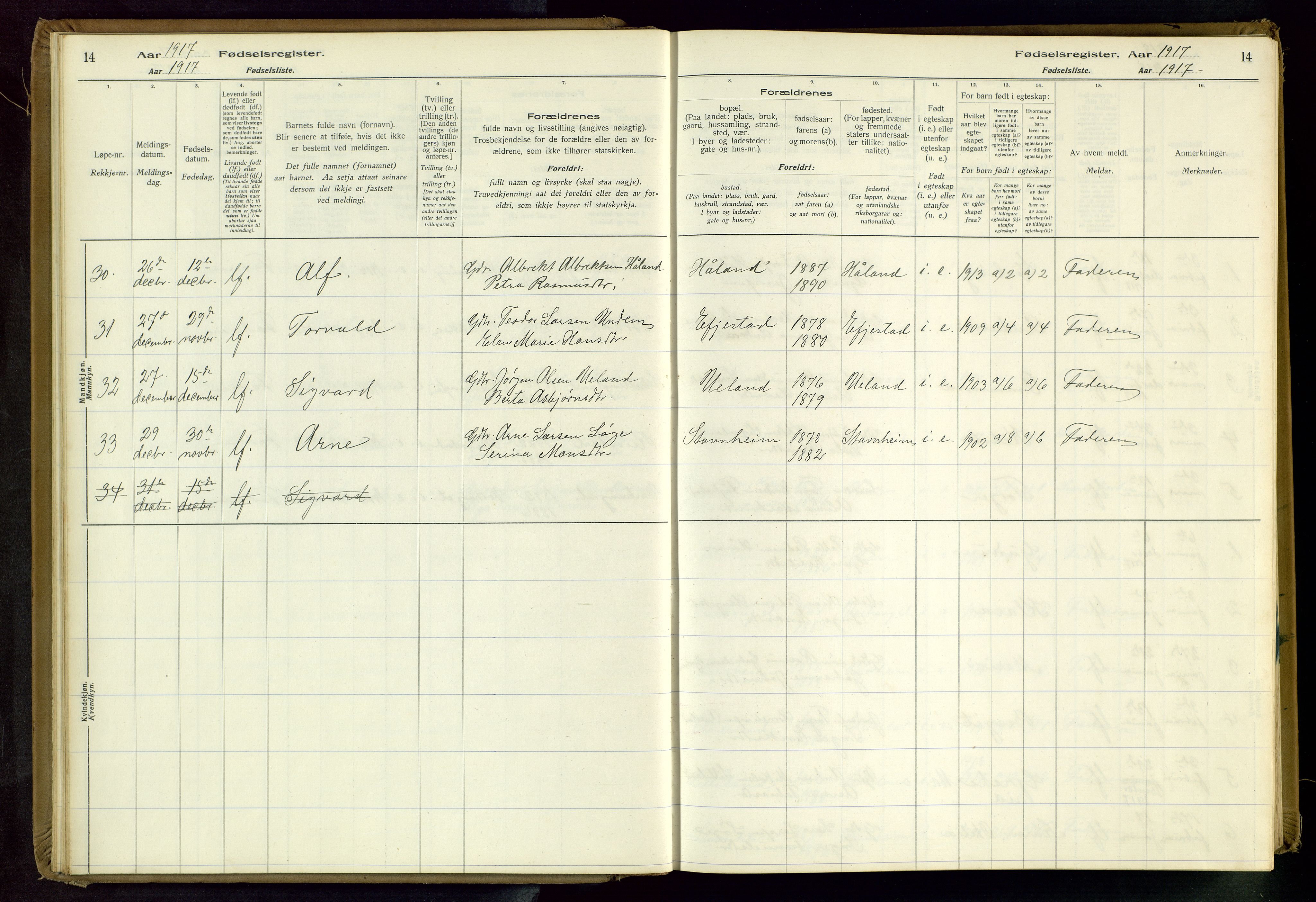 Hå sokneprestkontor, SAST/A-101801/001/704BA/L0001: Birth register no. 1, 1916-1944, p. 14