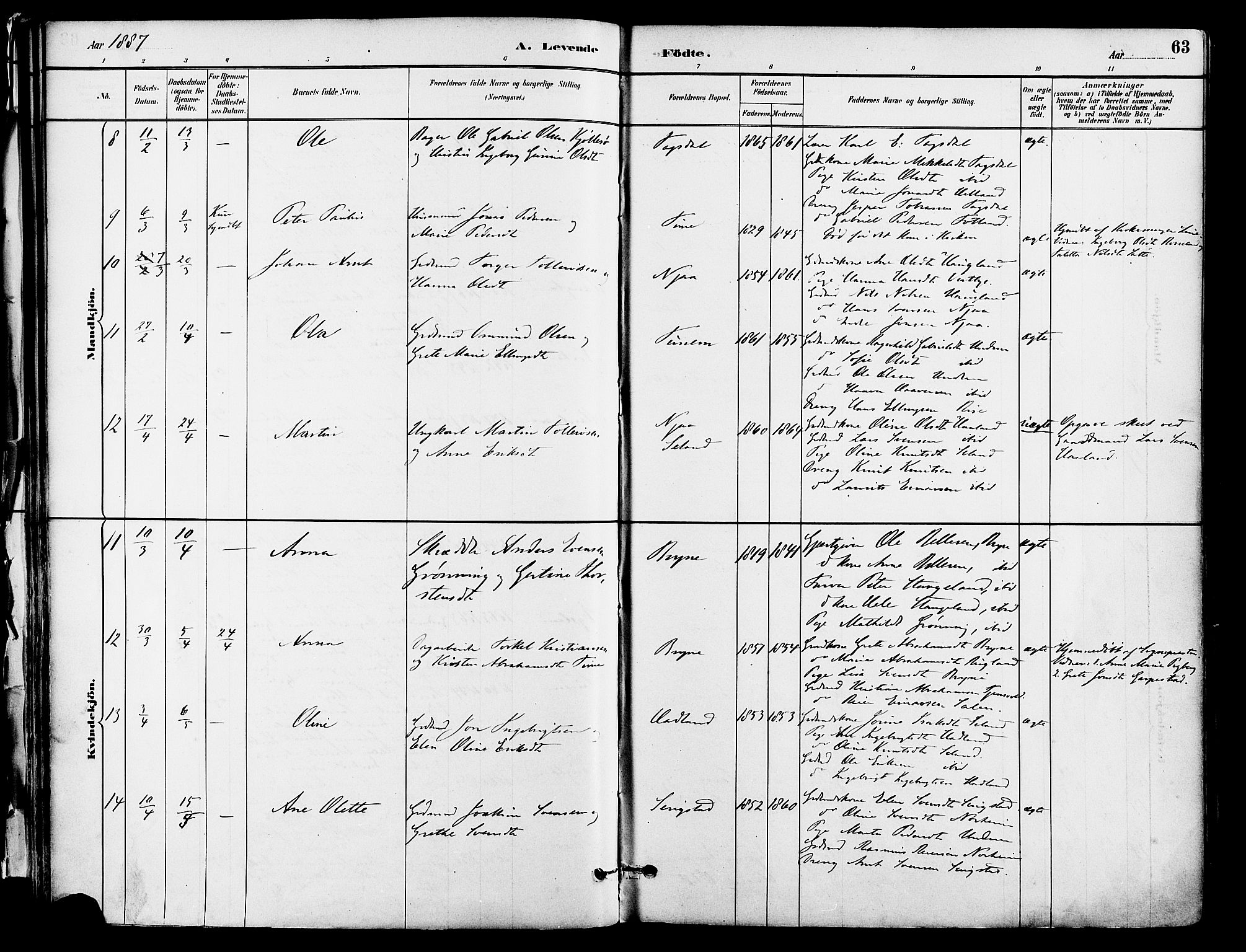 Lye sokneprestkontor, SAST/A-101794/001/30BA/L0009: Parish register (official) no. A 8, 1881-1892, p. 63