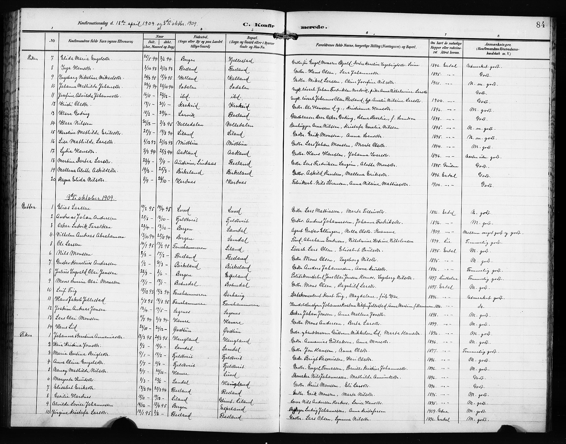 Fana Sokneprestembete, AV/SAB-A-75101/H/Hab/Haba/L0004: Parish register (copy) no. A 4, 1902-1912, p. 84