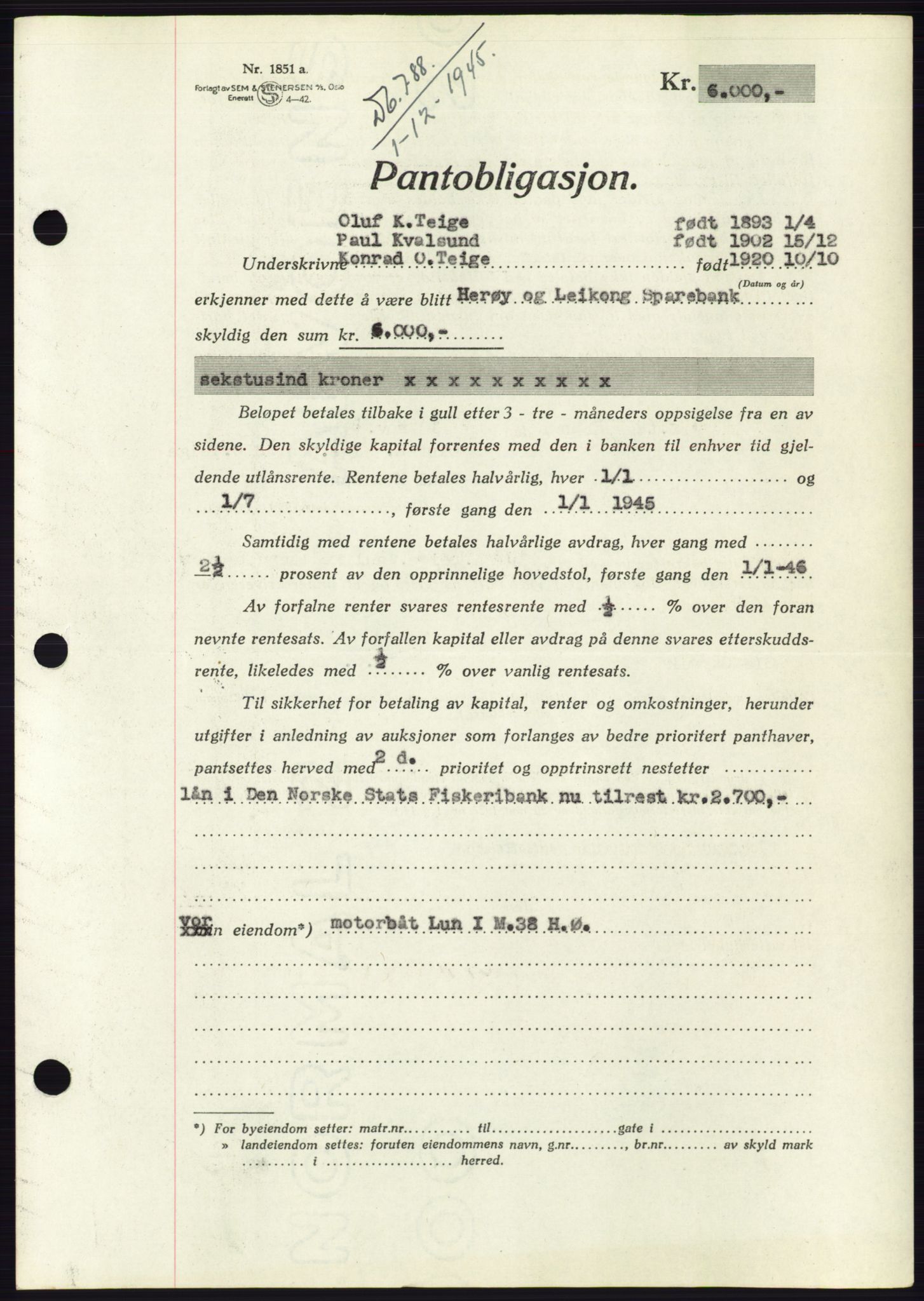 Søre Sunnmøre sorenskriveri, AV/SAT-A-4122/1/2/2C/L0114: Mortgage book no. 1-2B, 1943-1947, Diary no: : 788/1945
