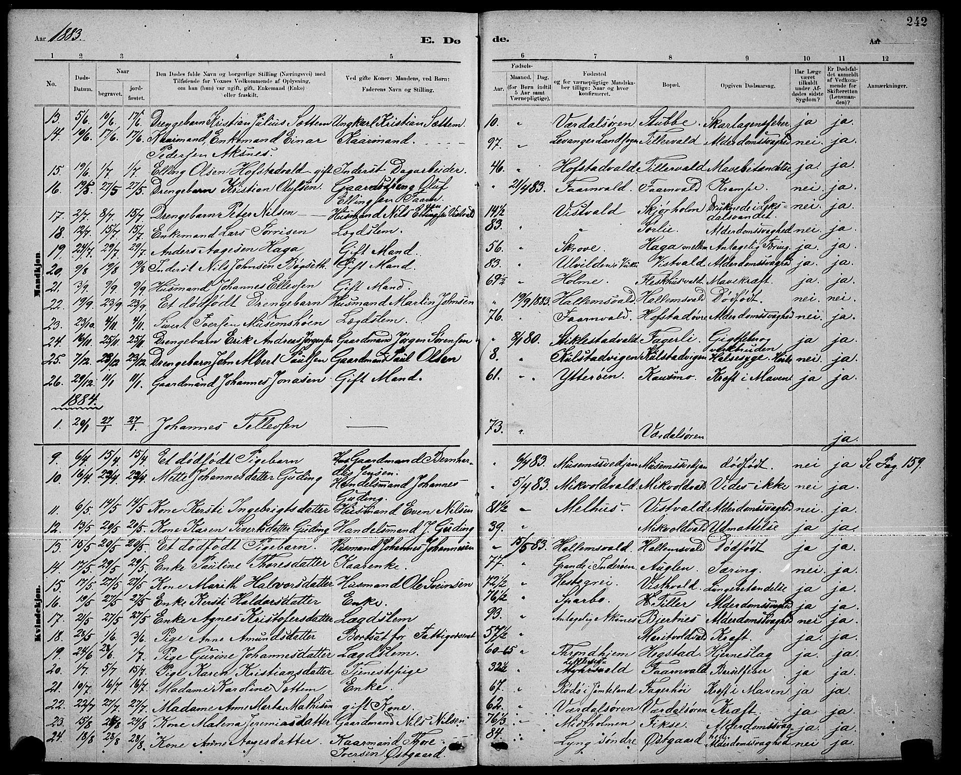 Ministerialprotokoller, klokkerbøker og fødselsregistre - Nord-Trøndelag, SAT/A-1458/723/L0256: Parish register (copy) no. 723C04, 1879-1890, p. 242