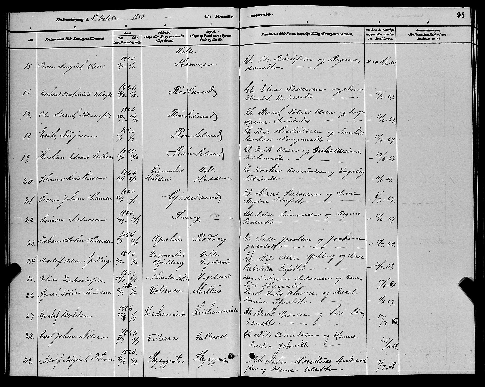 Sør-Audnedal sokneprestkontor, AV/SAK-1111-0039/F/Fb/Fbb/L0005: Parish register (copy) no. B 5, 1880-1892, p. 94