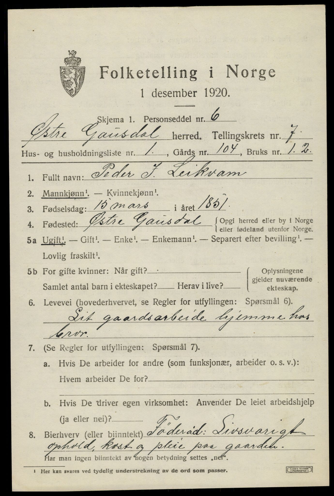 SAH, 1920 census for Østre Gausdal, 1920, p. 3858