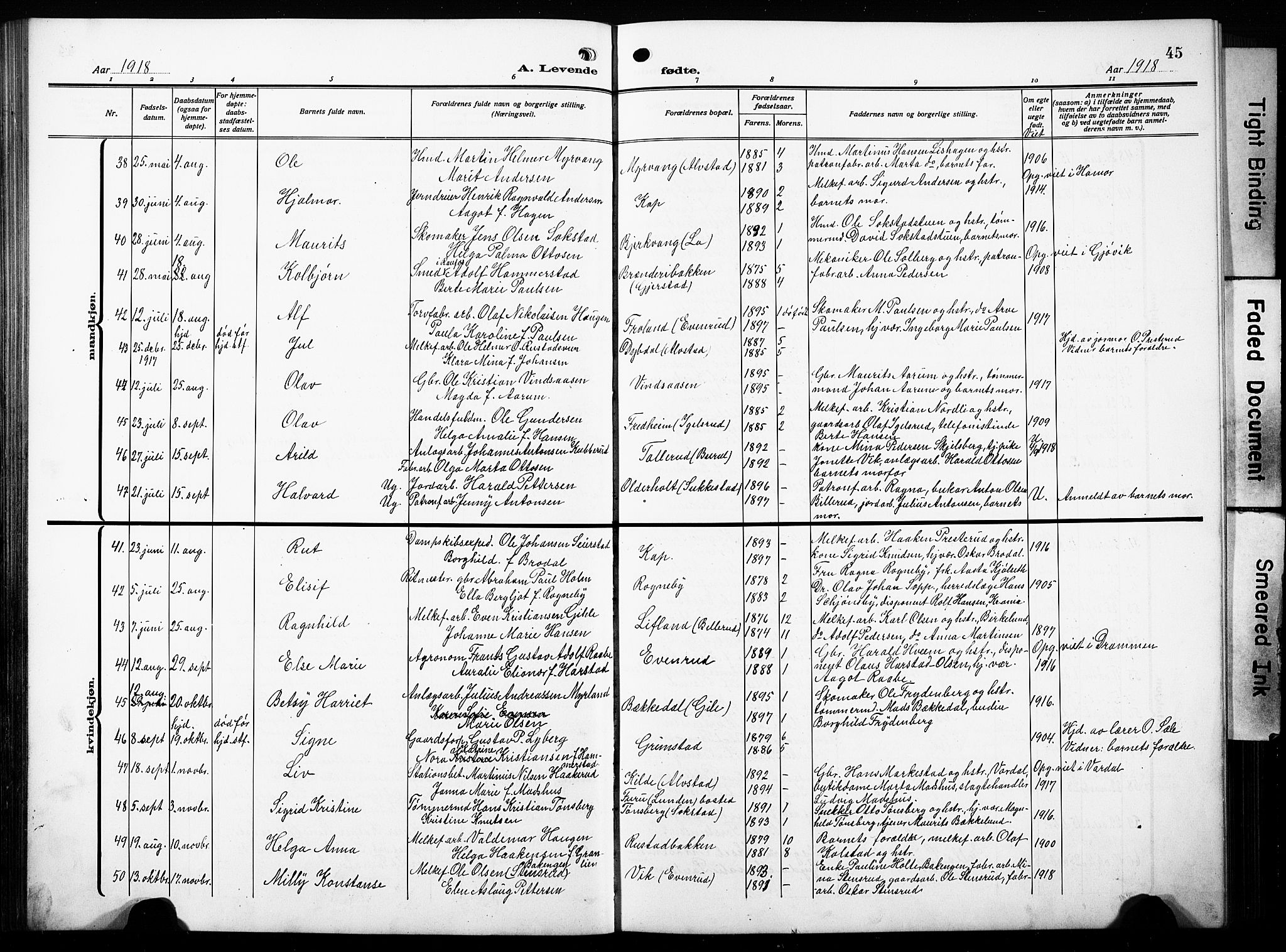 Østre Toten prestekontor, AV/SAH-PREST-104/H/Ha/Hab/L0010: Parish register (copy) no. 10, 1912-1933, p. 45