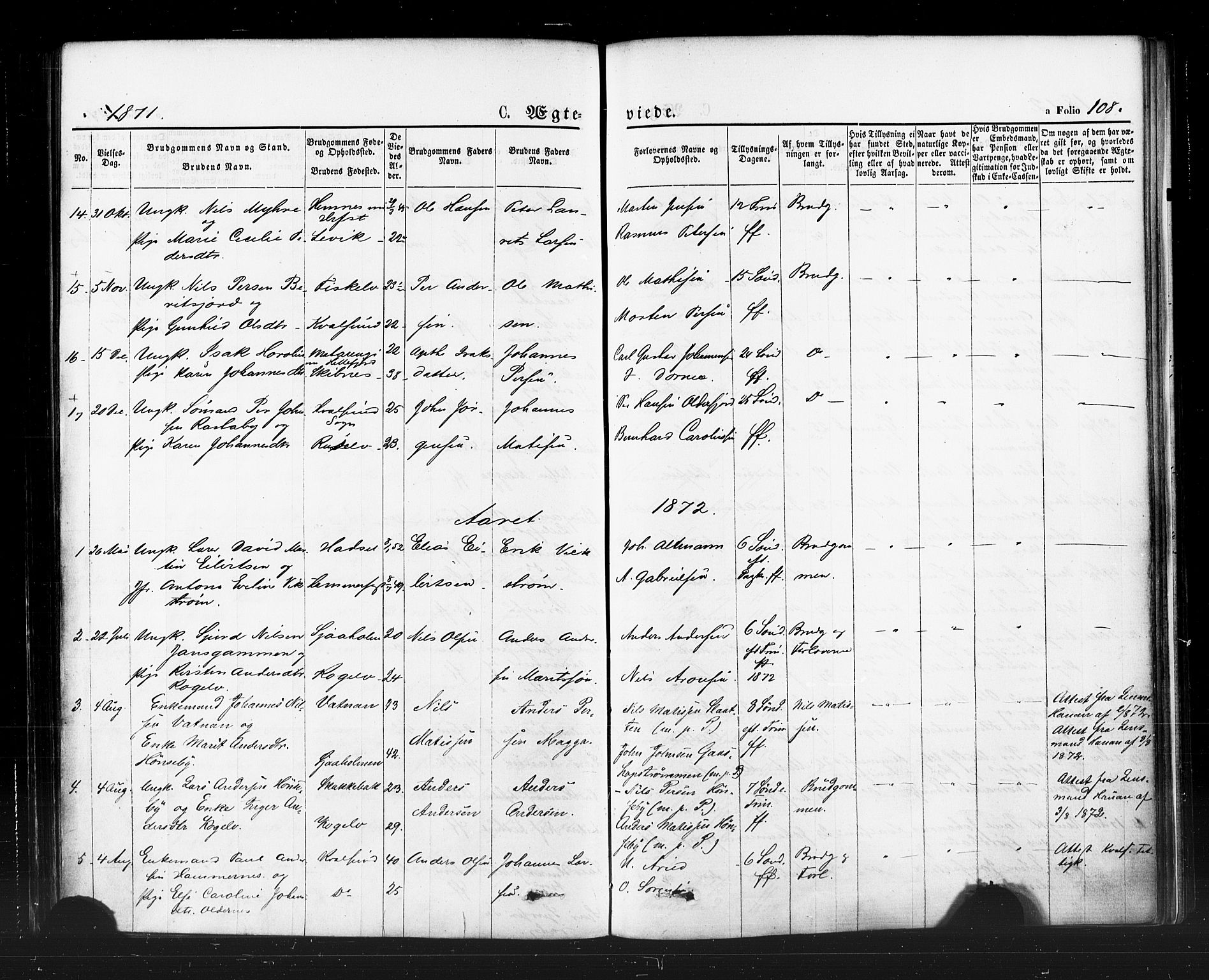Hammerfest sokneprestkontor, SATØ/S-1347/H/Ha/L0007.kirke: Parish register (official) no. 7, 1869-1884, p. 108