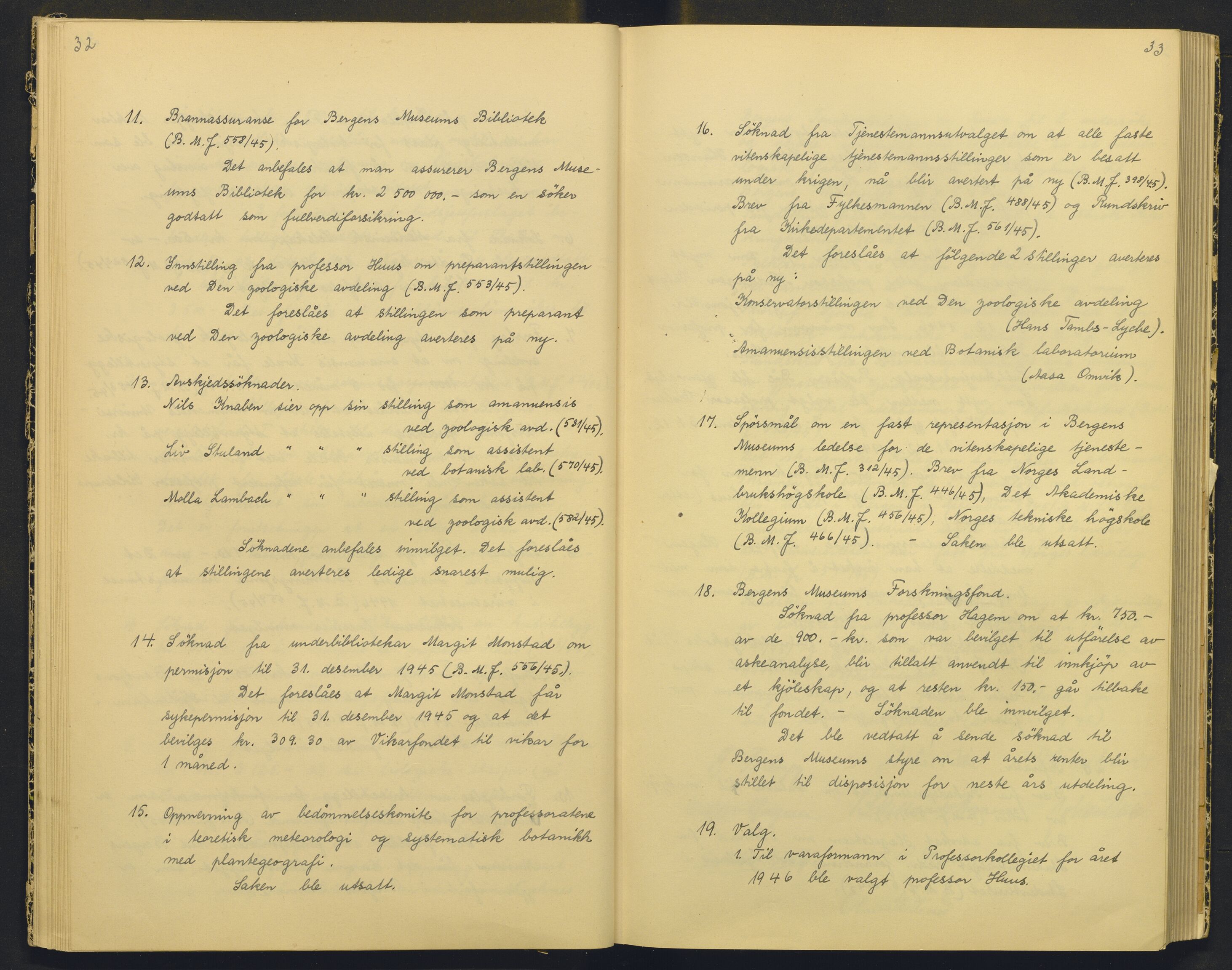 Bergens Museum, AV/SAB-A-17301/18/A/L0004: Professorkollegiets møtebok med register , 1945-1949, p. 32-33