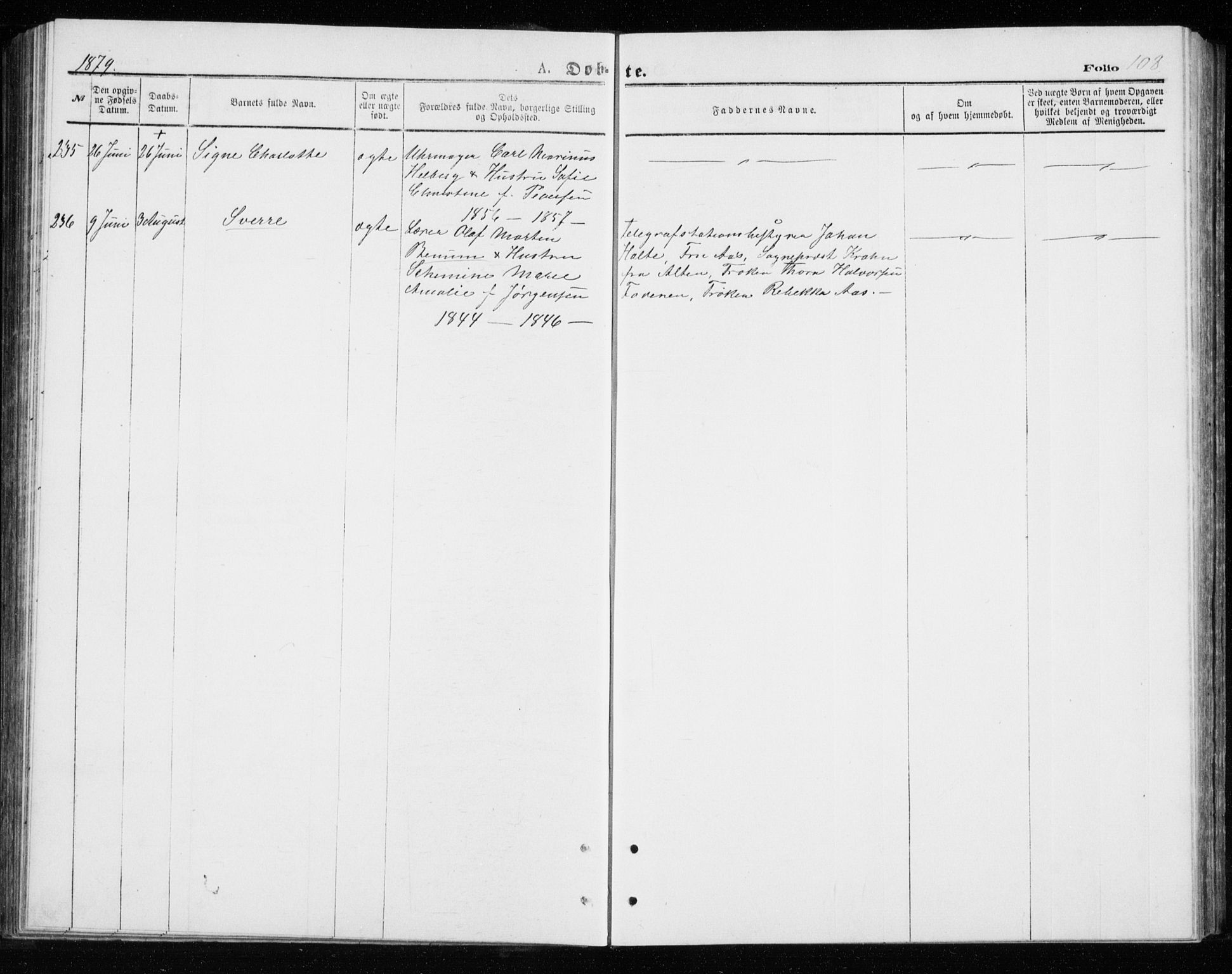 Tromsø sokneprestkontor/stiftsprosti/domprosti, AV/SATØ-S-1343/G/Gb/L0008klokker: Parish register (copy) no. 8, 1875-1879, p. 108