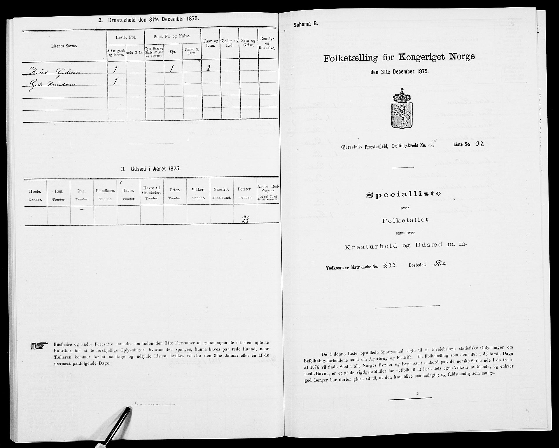 SAK, 1875 census for 0911P Gjerstad, 1875, p. 1355