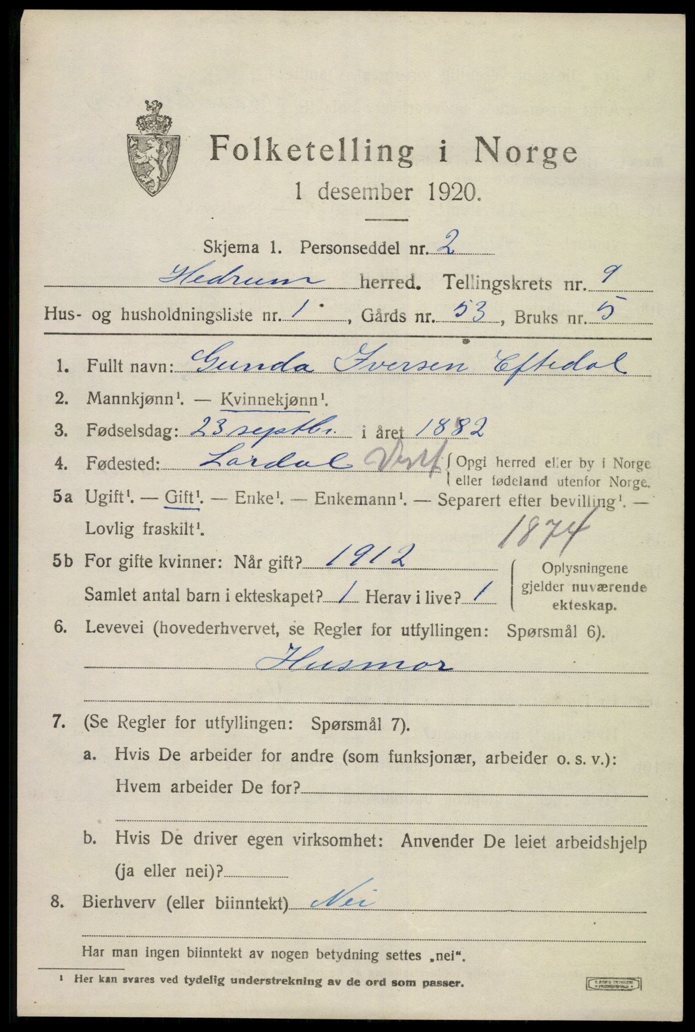 SAKO, 1920 census for Hedrum, 1920, p. 6805