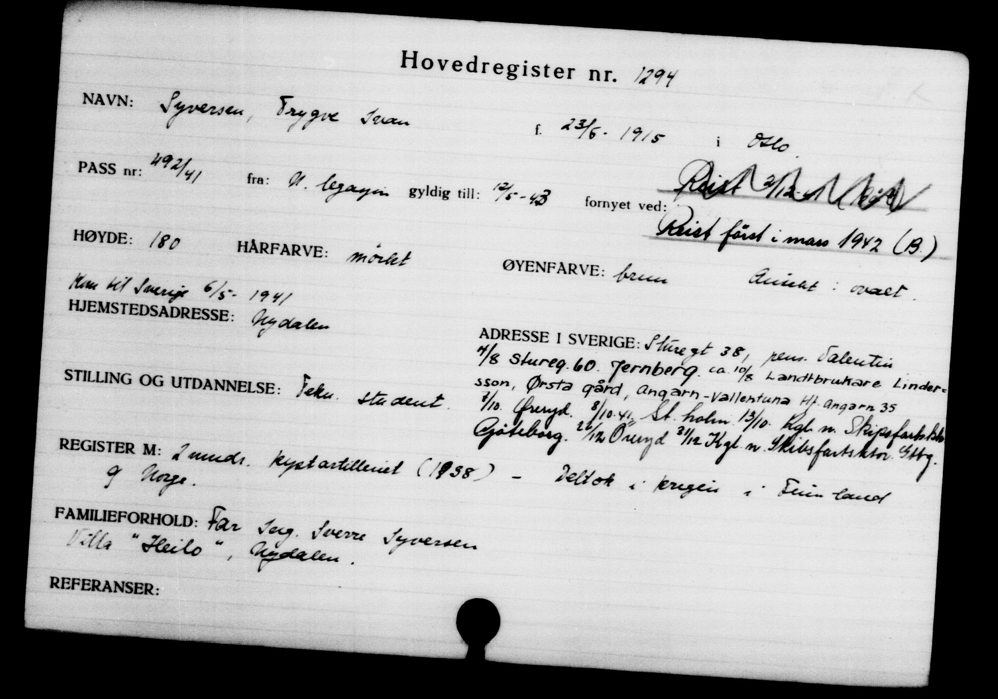 Utenriksstasjonene, Legasjonen i Stockholm, Flyktningkontoret, AV/RA-S-6753/V/Va/L0002: Kjesäterkartoteket, flyktninger med registreringsnr. 1001-2000, 1940-1945, p. 423