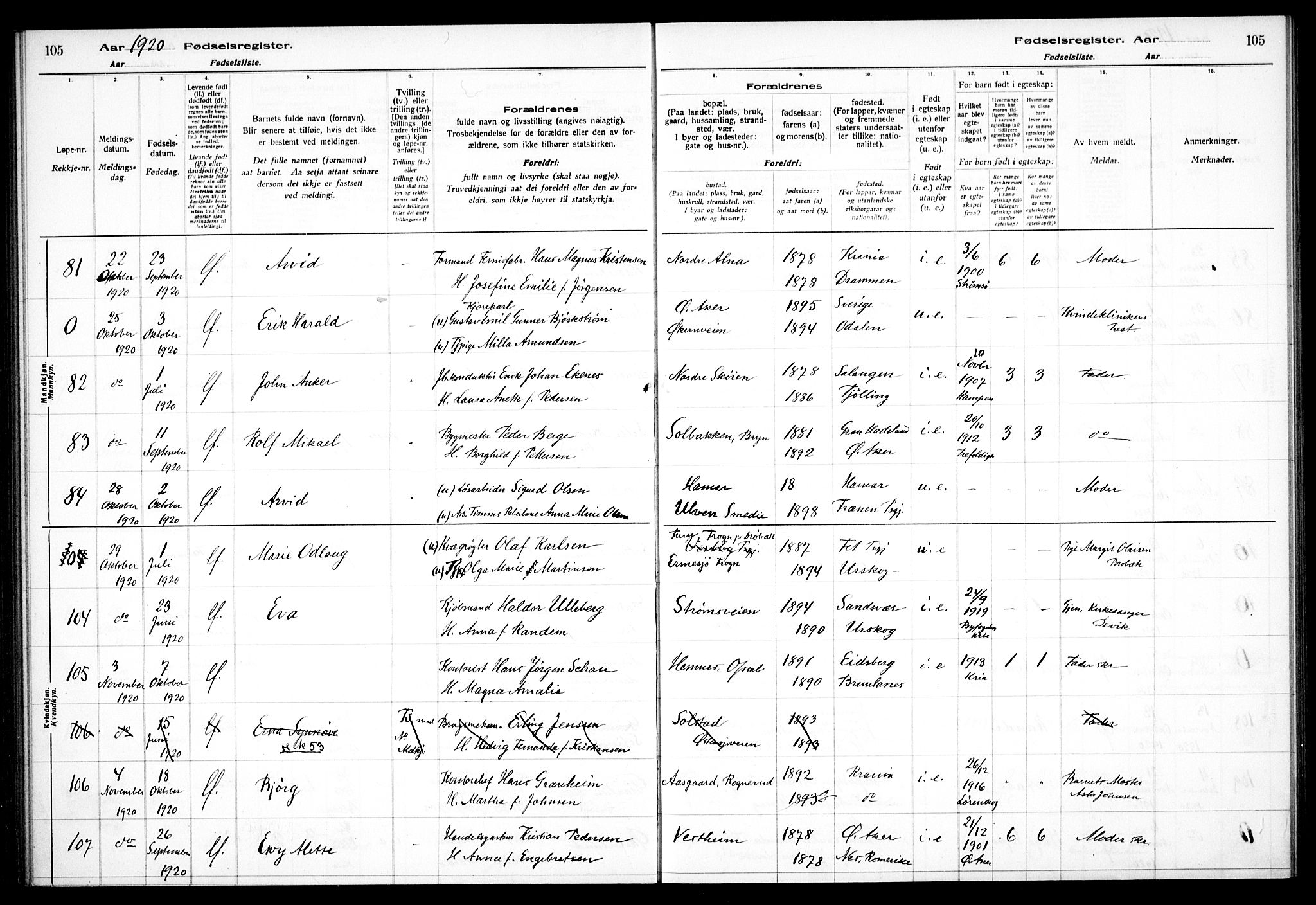 Østre Aker prestekontor Kirkebøker, AV/SAO-A-10840/J/Ja/L0001: Birth register no. I 1, 1916-1923, p. 105