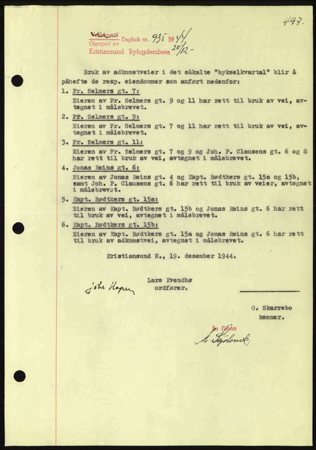 Kristiansund byfogd, SAT/A-4587/A/27: Mortgage book no. 37-38, 1943-1945, Diary no: : 935/1944