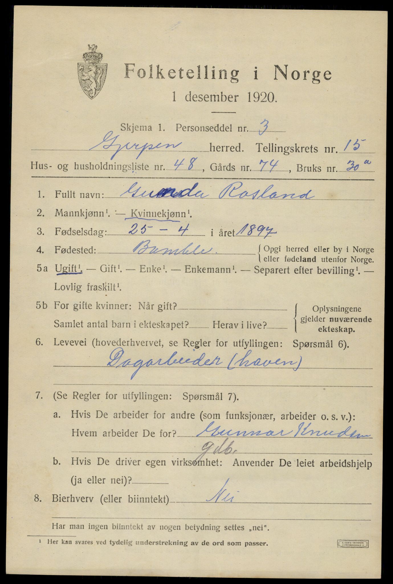 SAKO, 1920 census for Gjerpen, 1920, p. 17820