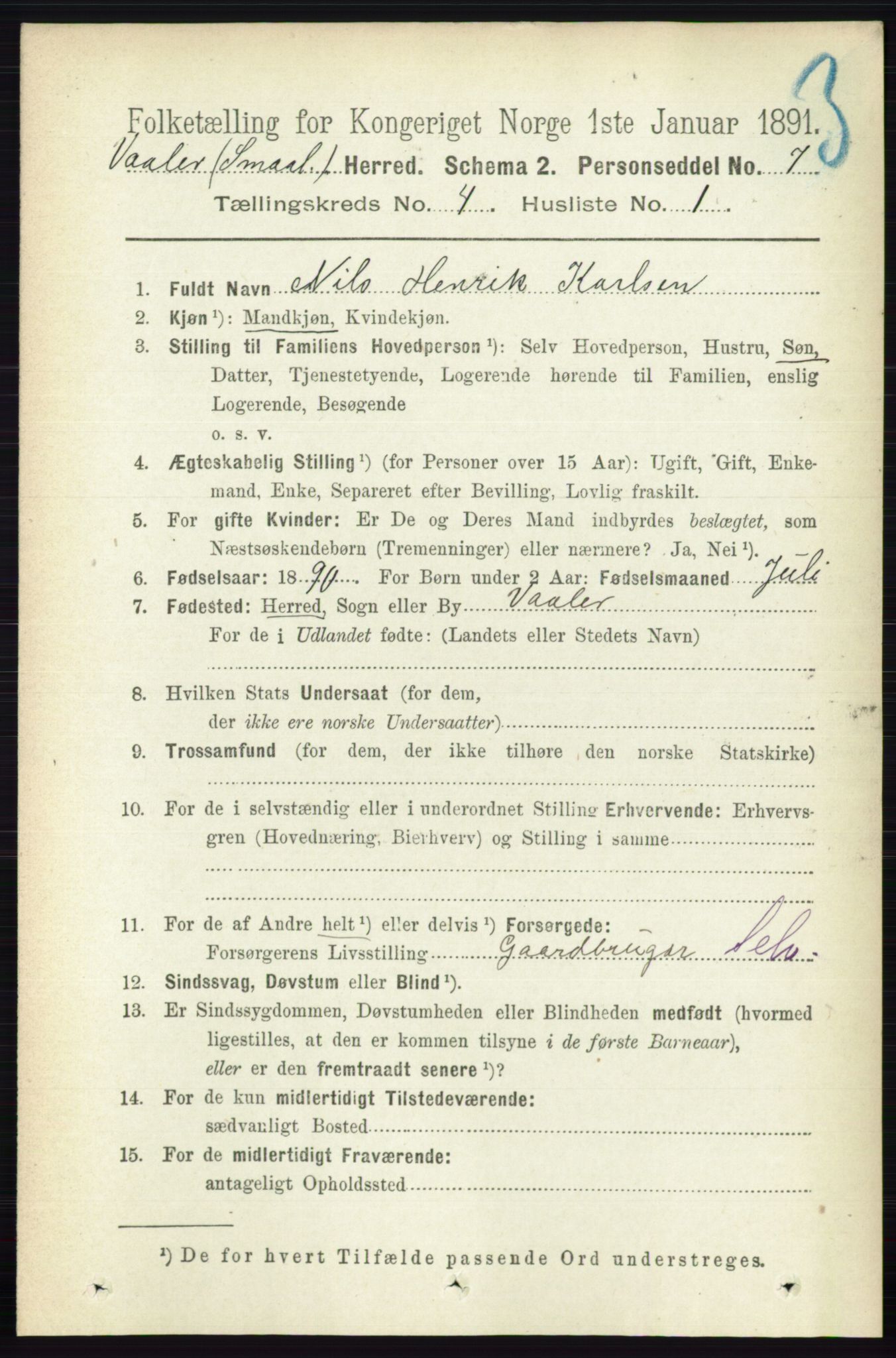 RA, 1891 census for 0137 Våler, 1891, p. 1616