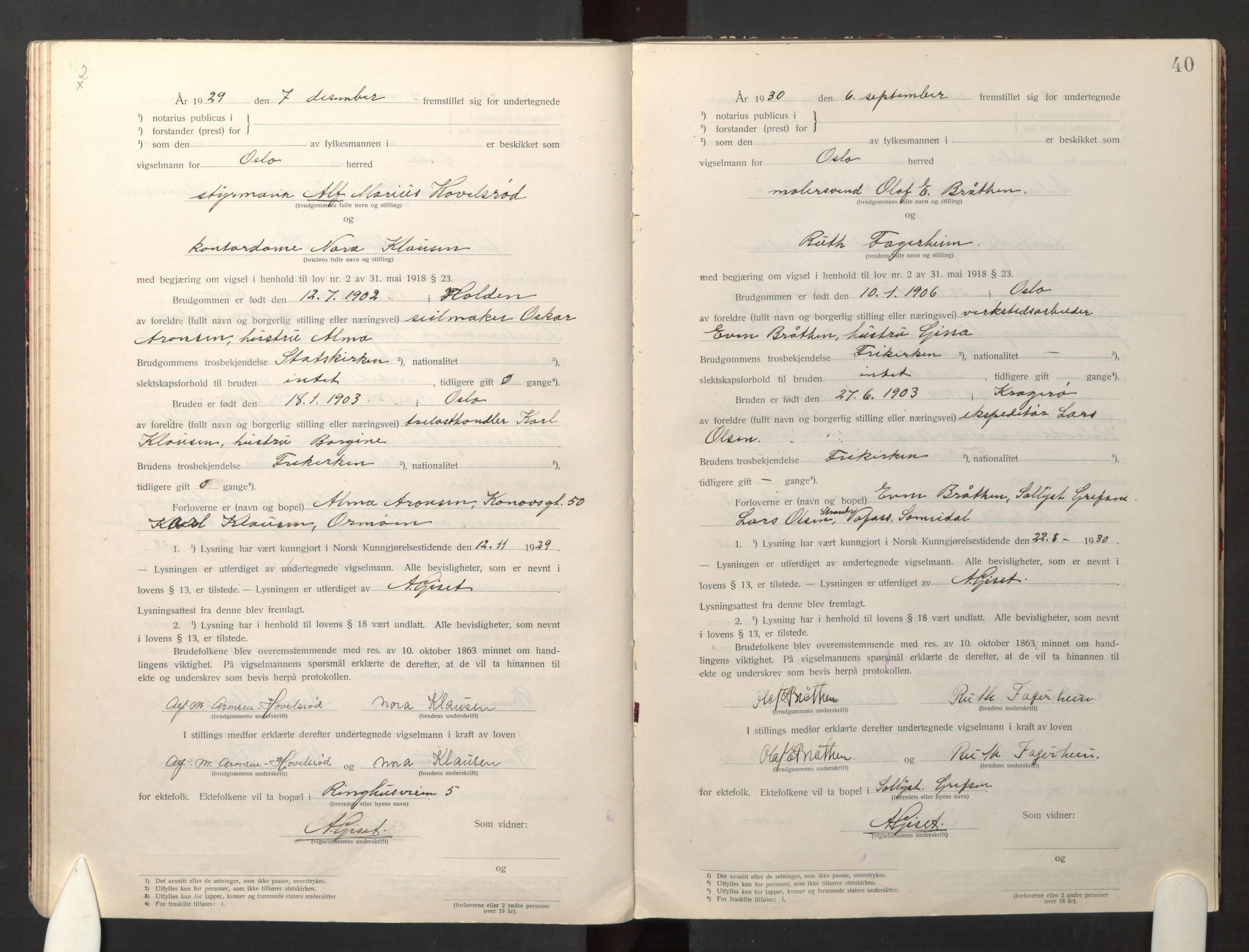 Den evangelisk-lutherske frikirke østre menighet, Oslo, SAO/PAO-0245/F/L0005: Marriage register (dissenter) no. 5, 1920-1941, p. 40