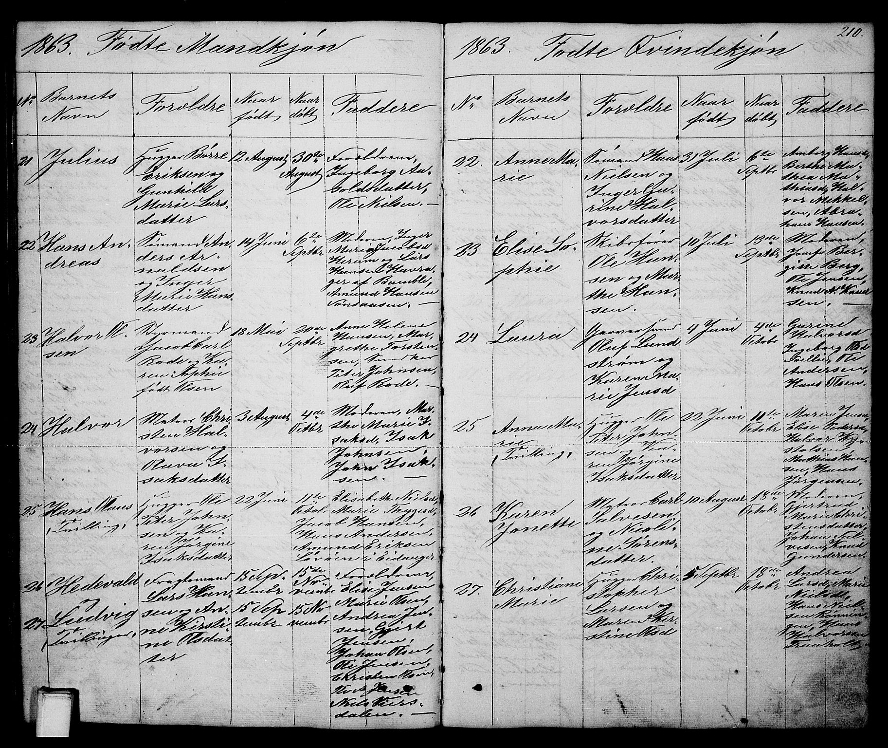 Brevik kirkebøker, SAKO/A-255/G/Ga/L0002: Parish register (copy) no. 2, 1846-1865, p. 210