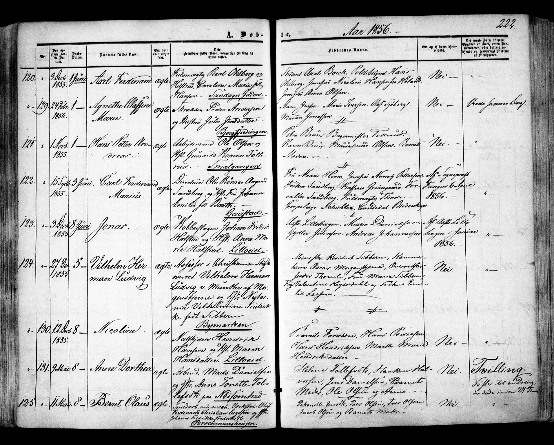 Aker prestekontor kirkebøker, SAO/A-10861/F/L0020: Parish register (official) no. 20, 1853-1857, p. 222