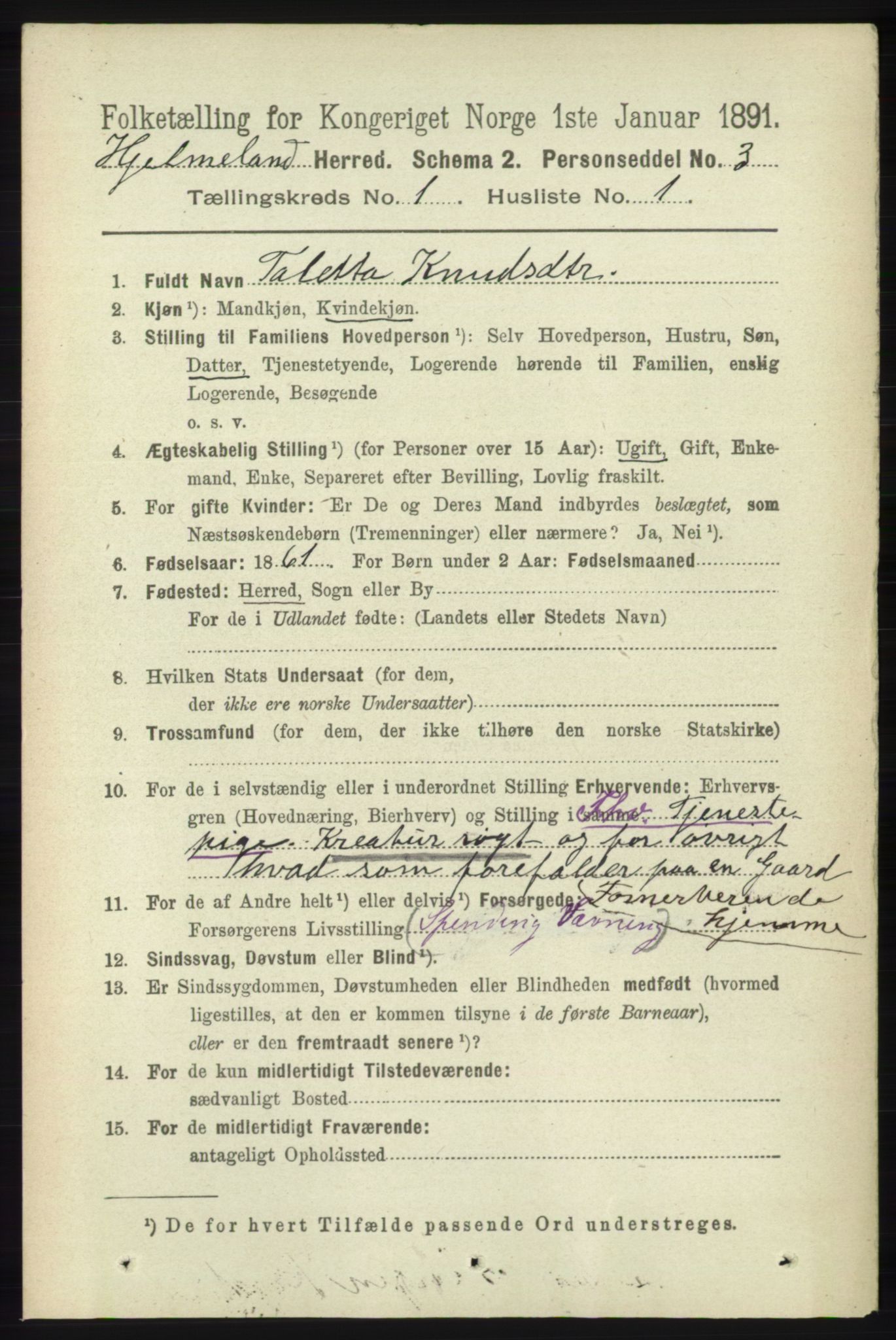 RA, 1891 census for 1133 Hjelmeland, 1891, p. 79