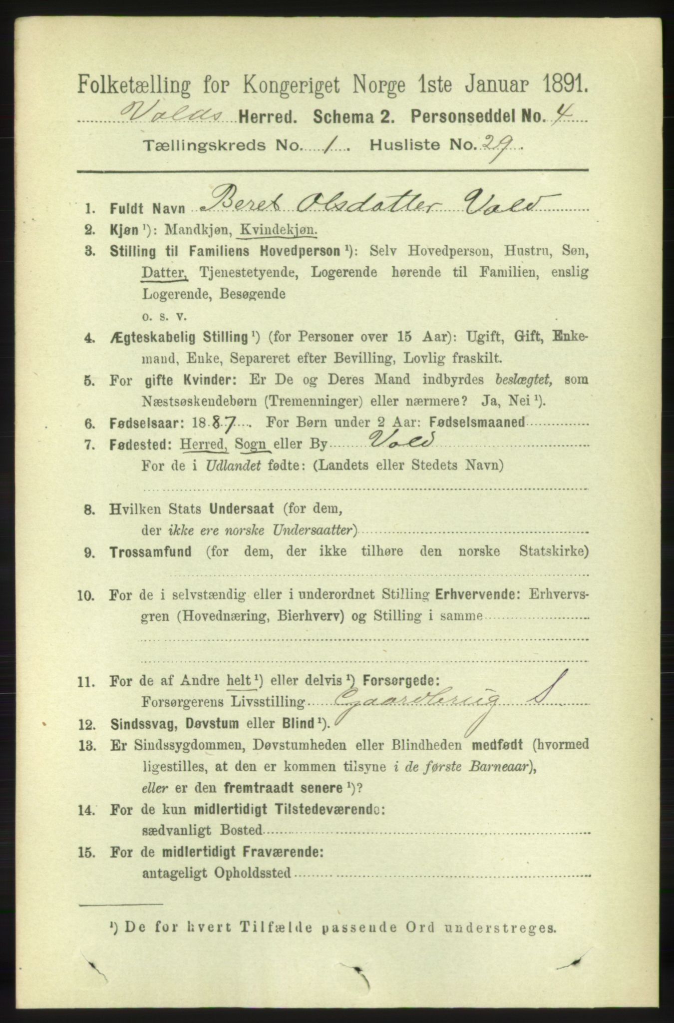 RA, 1891 census for 1537 Voll, 1891, p. 256