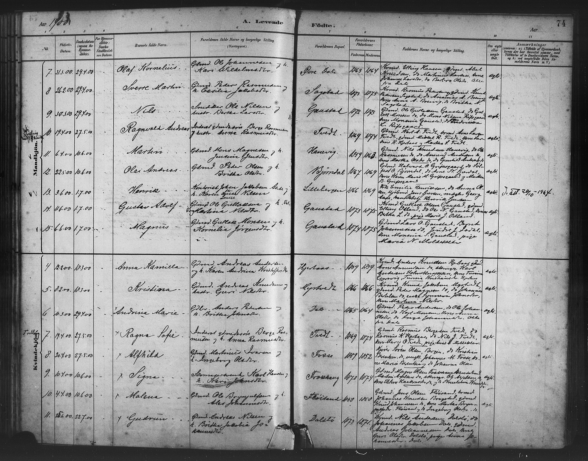 Alversund Sokneprestembete, AV/SAB-A-73901/H/Ha/Haa/Haac/L0001: Parish register (official) no. C 1, 1882-1900, p. 74