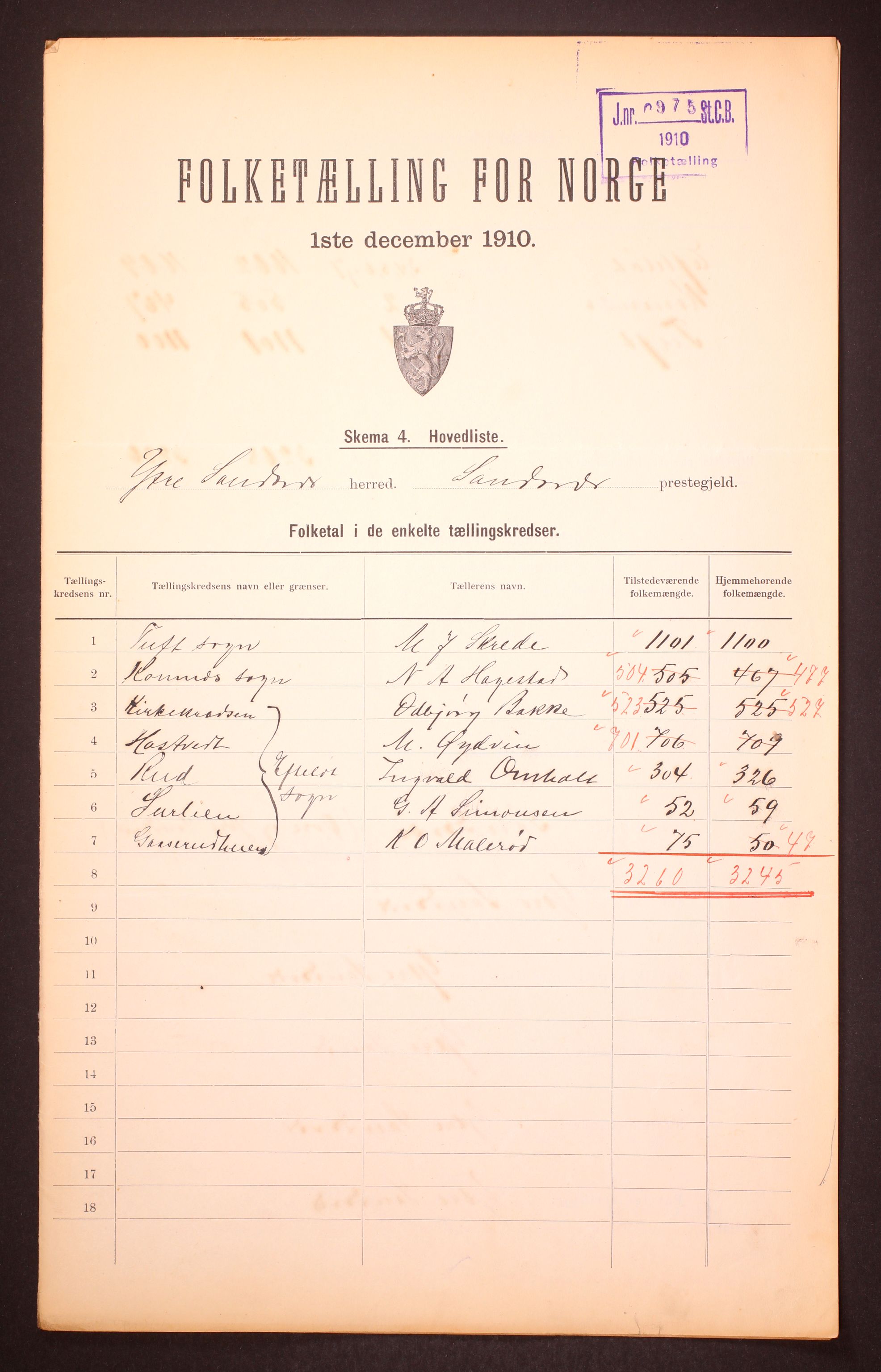 RA, 1910 census for Ytre Sandsvær, 1910, p. 2