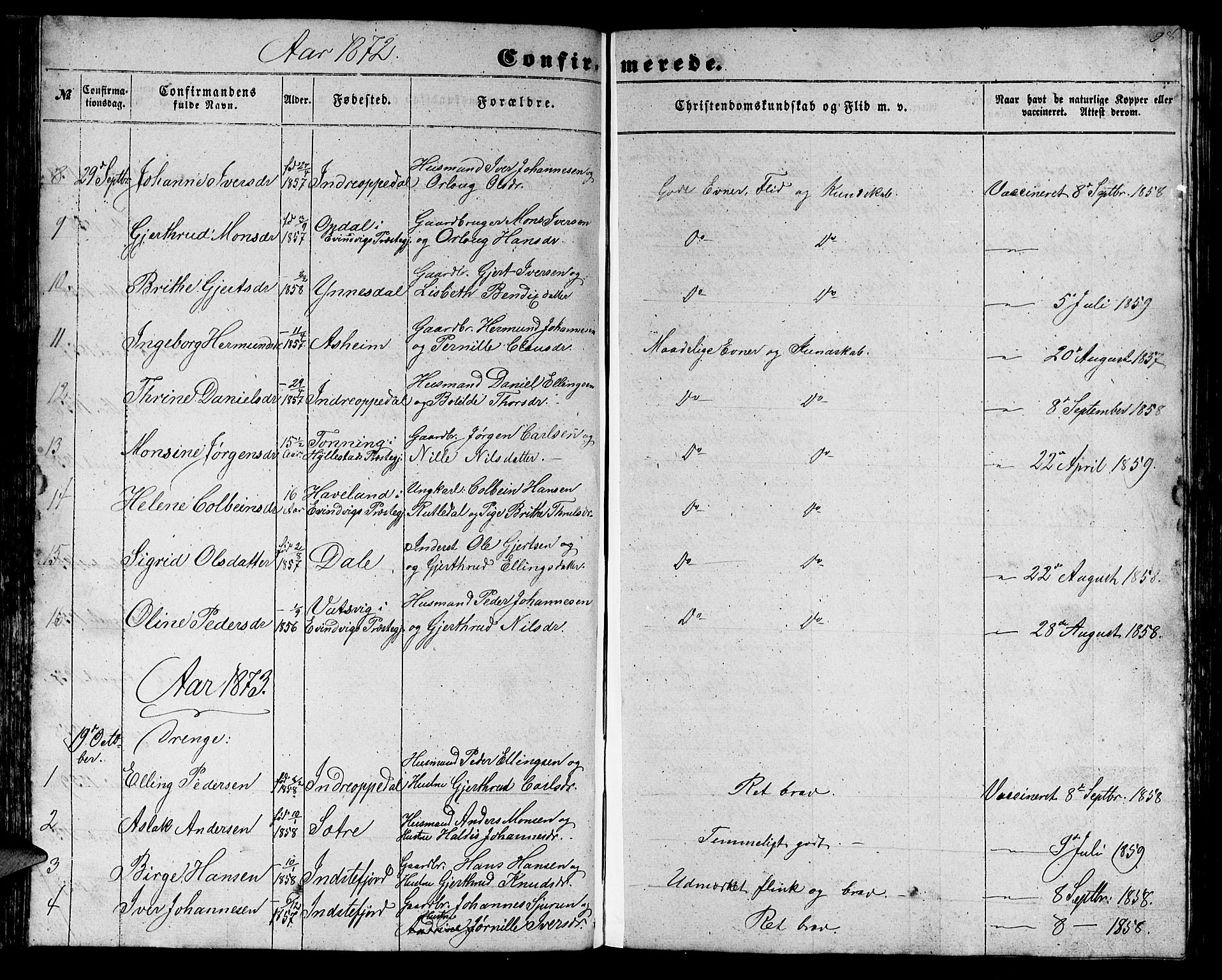 Gulen sokneprestembete, SAB/A-80201/H/Hab/Habc/L0001: Parish register (copy) no. C 1, 1853-1880, p. 98