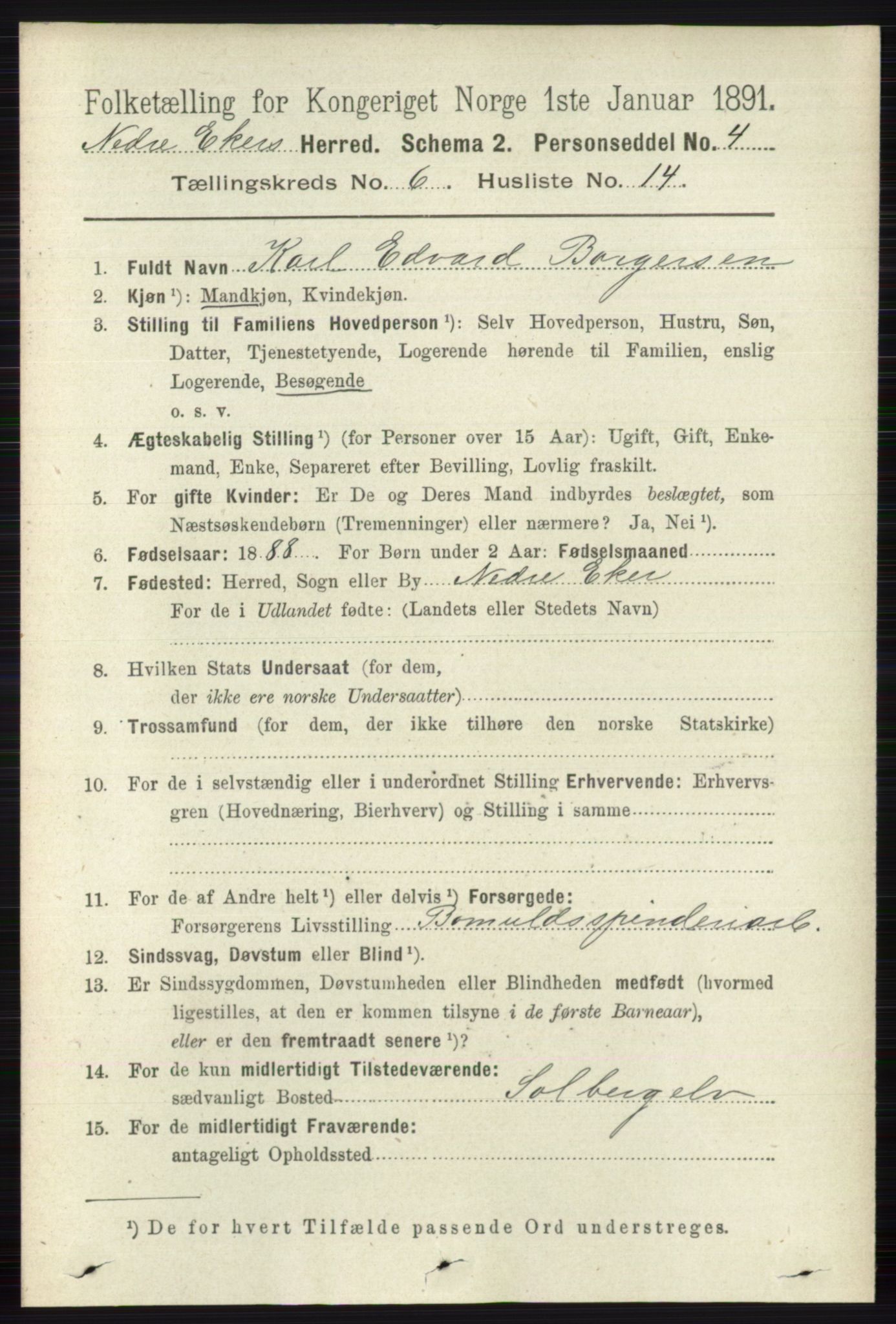 RA, 1891 census for 0625 Nedre Eiker, 1891, p. 2975