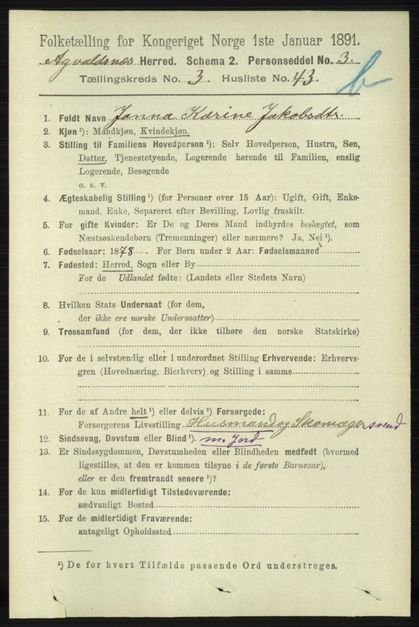 RA, 1891 census for 1147 Avaldsnes, 1891, p. 2774