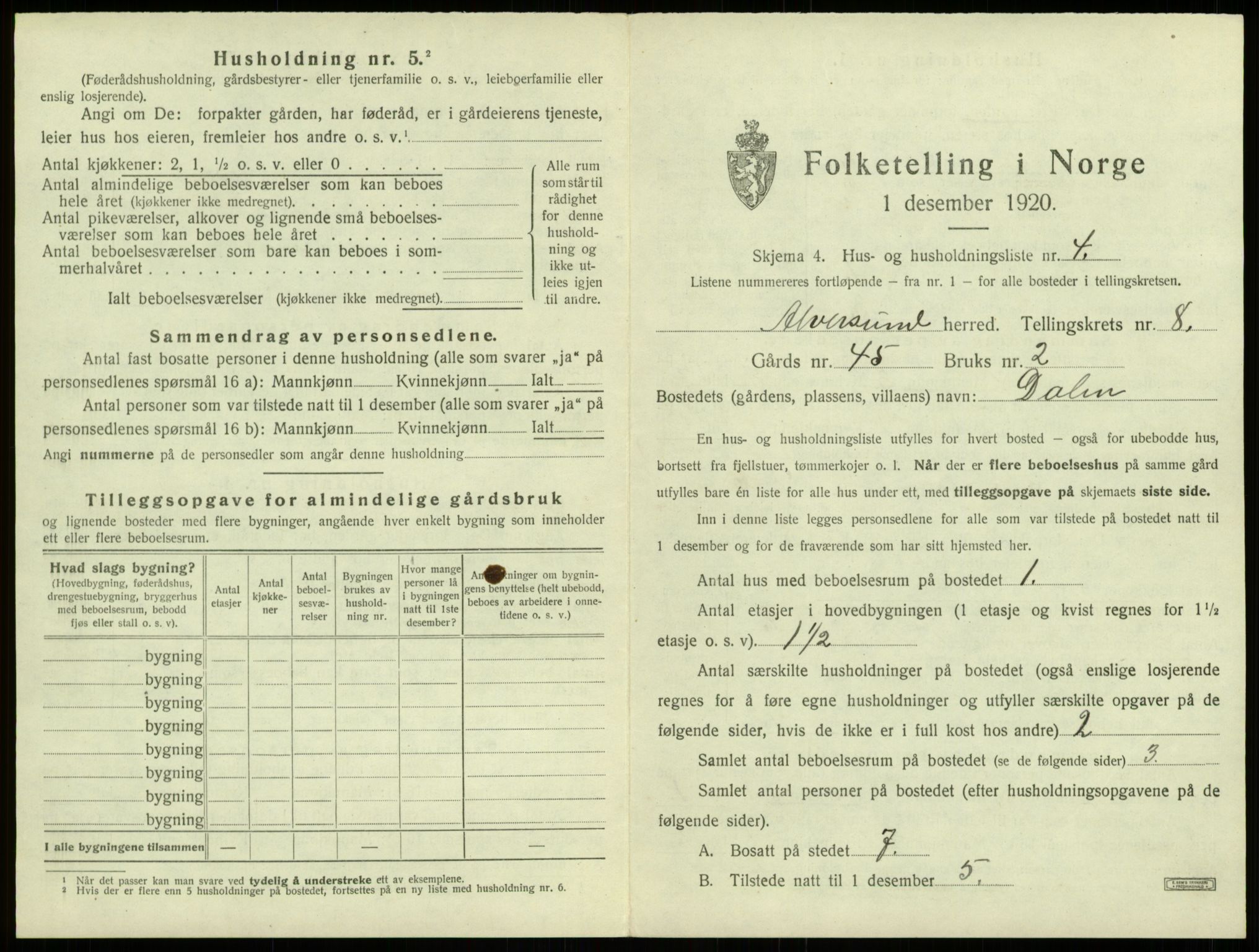 SAB, 1920 census for Alversund, 1920, p. 587
