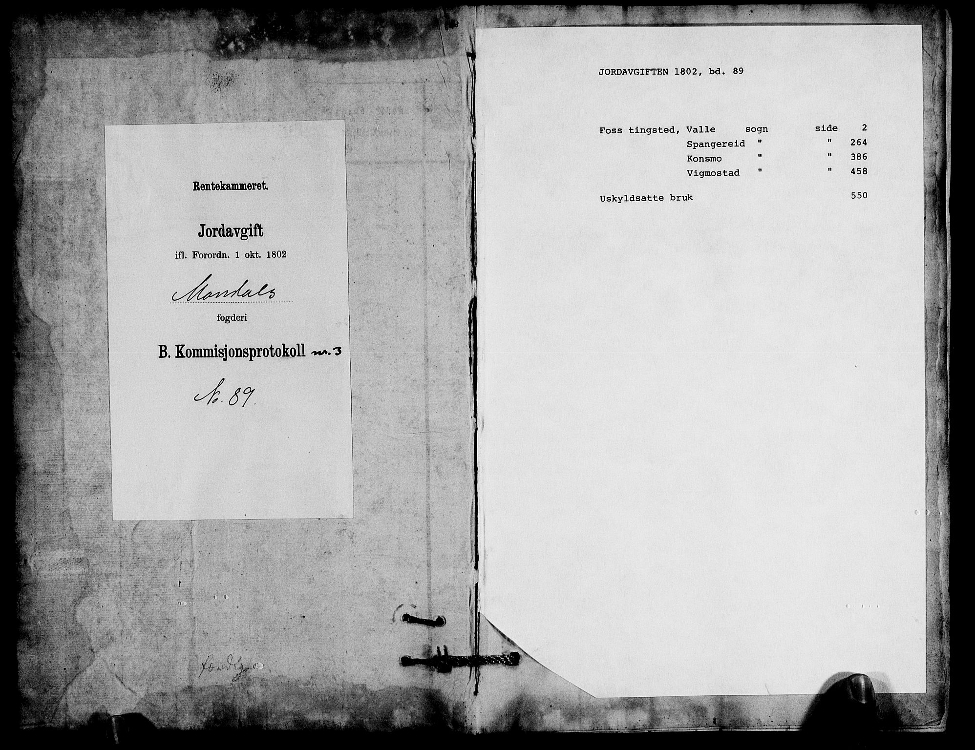 Rentekammeret inntil 1814, Realistisk ordnet avdeling, AV/RA-EA-4070/N/Ne/Nea/L0089: Mandal fogderi. Kommisjonsprotokoll "Nr. 3", for Valle, Spangereid, Konsmo og Vigmostad sogn, 1803, p. 1