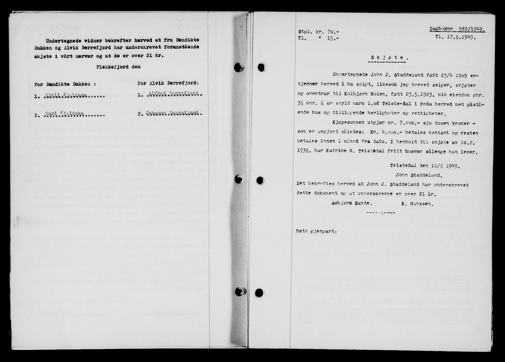 Flekkefjord sorenskriveri, SAK/1221-0001/G/Gb/Gba/L0065: Mortgage book no. A-13, 1949-1949, Diary no: : 582/1949