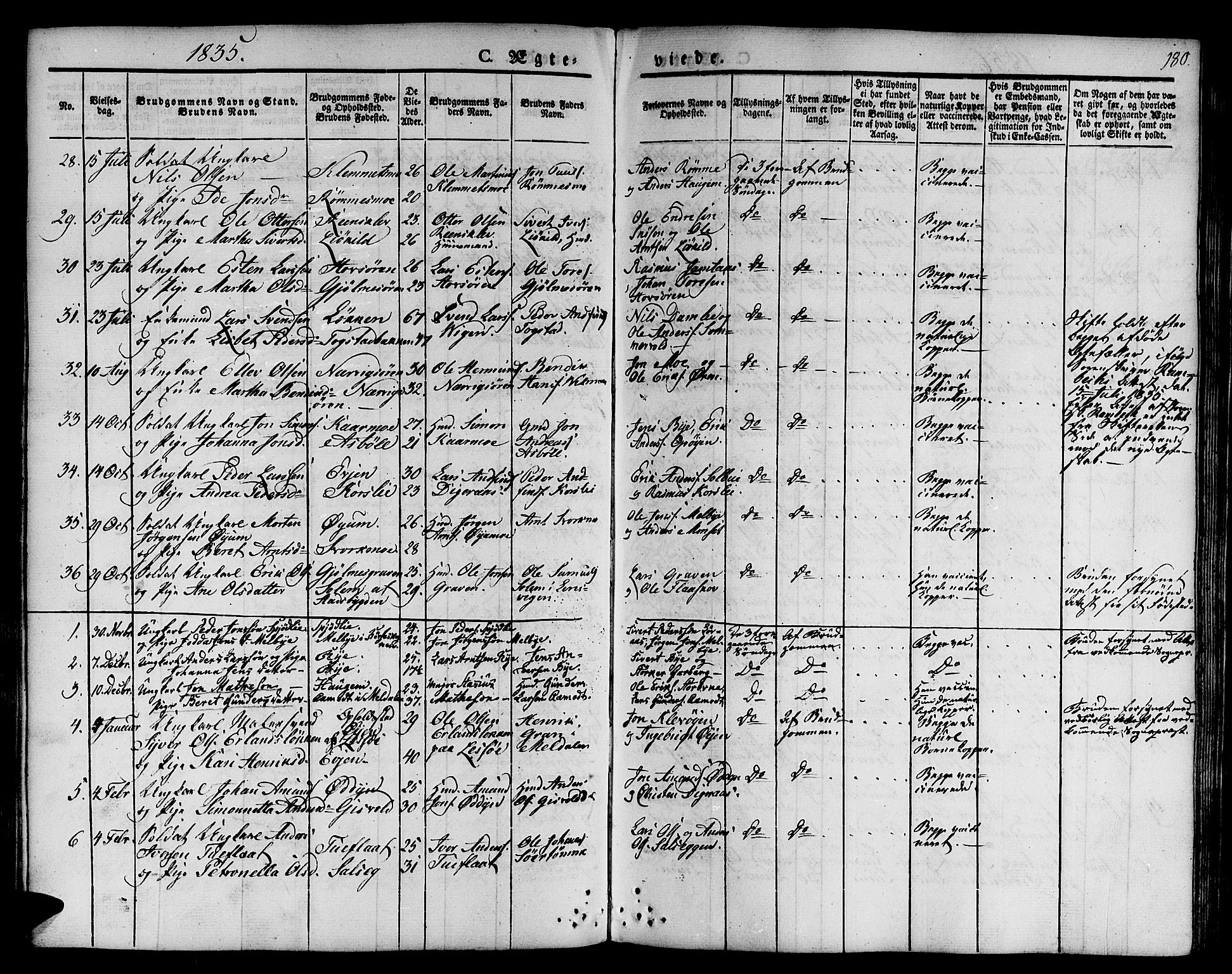 Ministerialprotokoller, klokkerbøker og fødselsregistre - Sør-Trøndelag, SAT/A-1456/668/L0804: Parish register (official) no. 668A04, 1826-1839, p. 180