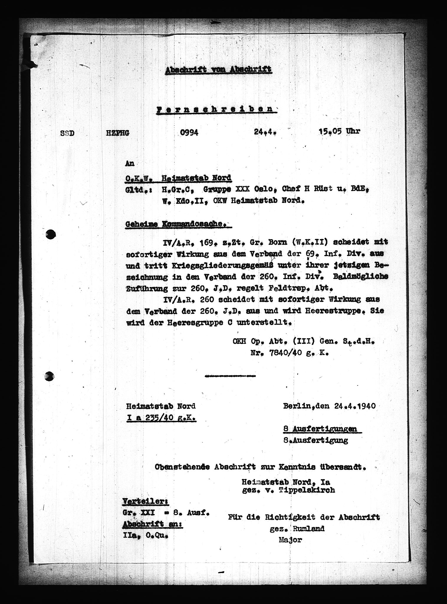 Documents Section, AV/RA-RAFA-2200/V/L0075: Amerikansk mikrofilm "Captured German Documents".
Box No. 714.  FKA jnr. 615/1954., 1940, p. 93