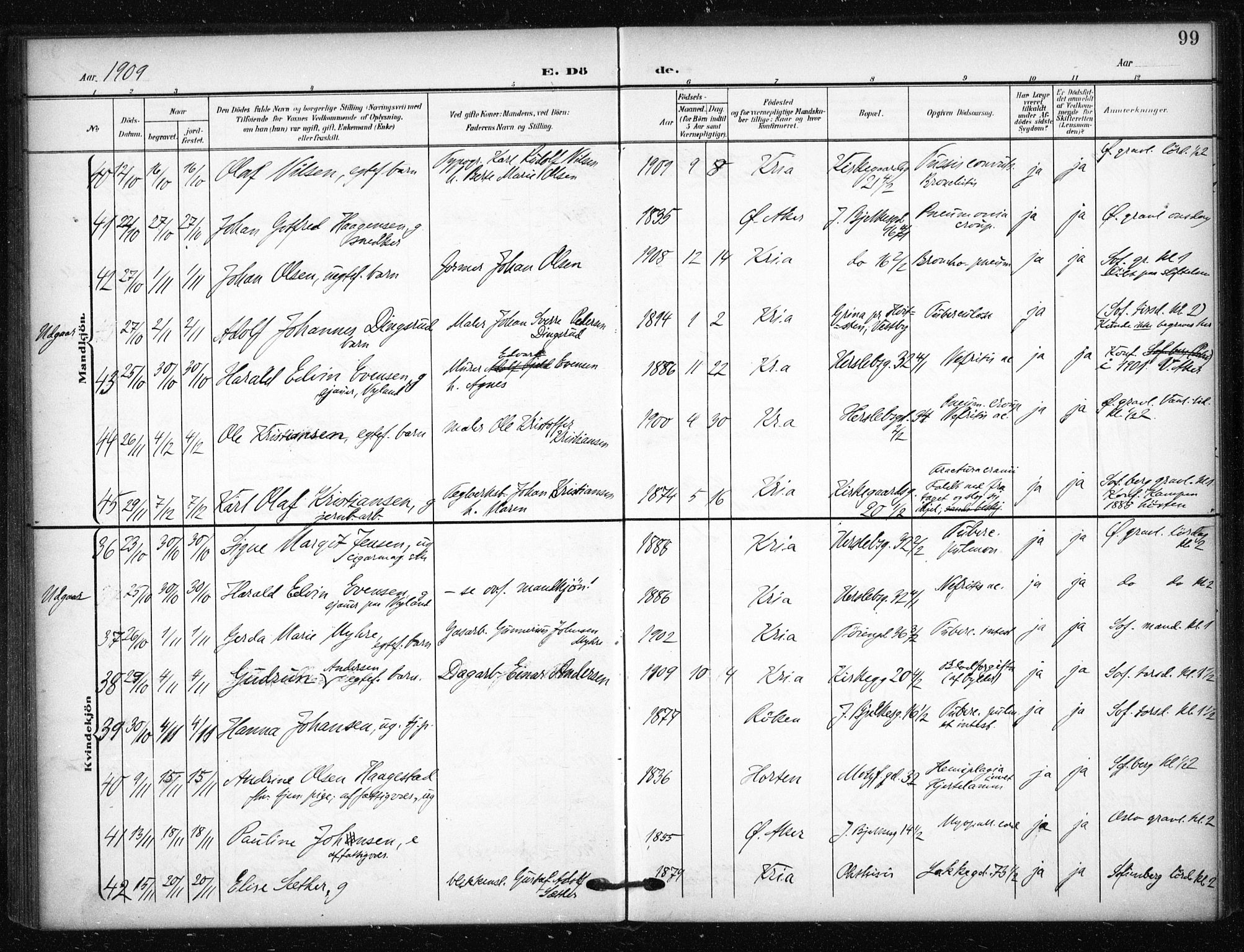 Tøyen prestekontor Kirkebøker, AV/SAO-A-10167a/F/Fa/L0002: Parish register (official) no. I 2, 1907-1916, p. 99