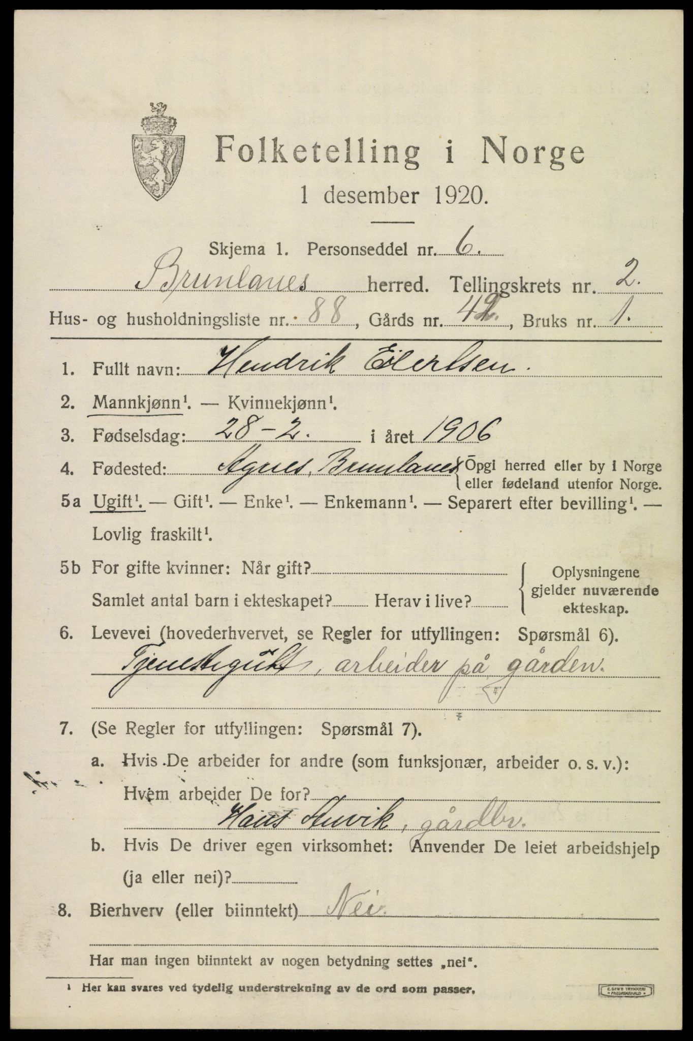SAKO, 1920 census for Brunlanes, 1920, p. 4489