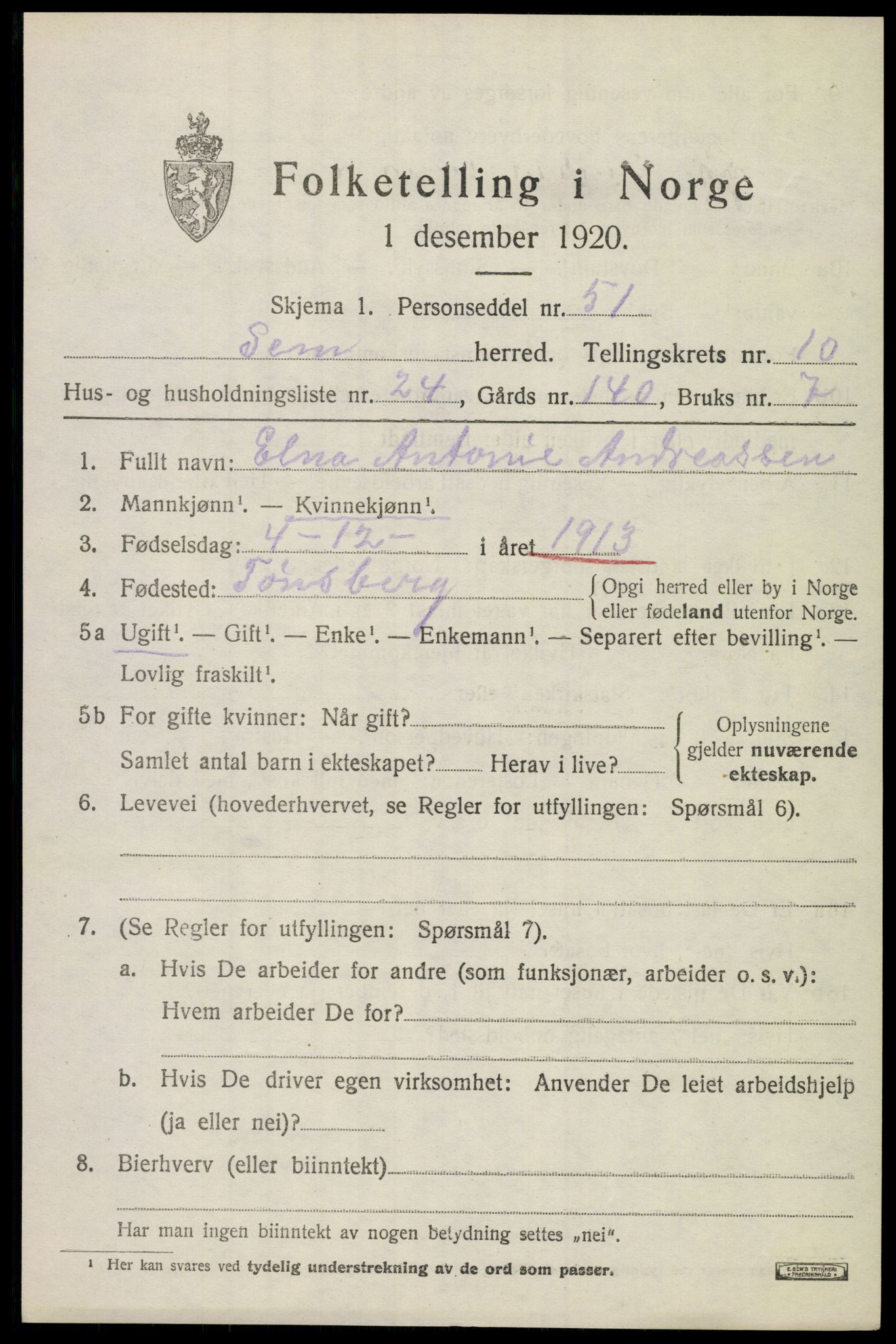 SAKO, 1920 census for Sem, 1920, p. 13791