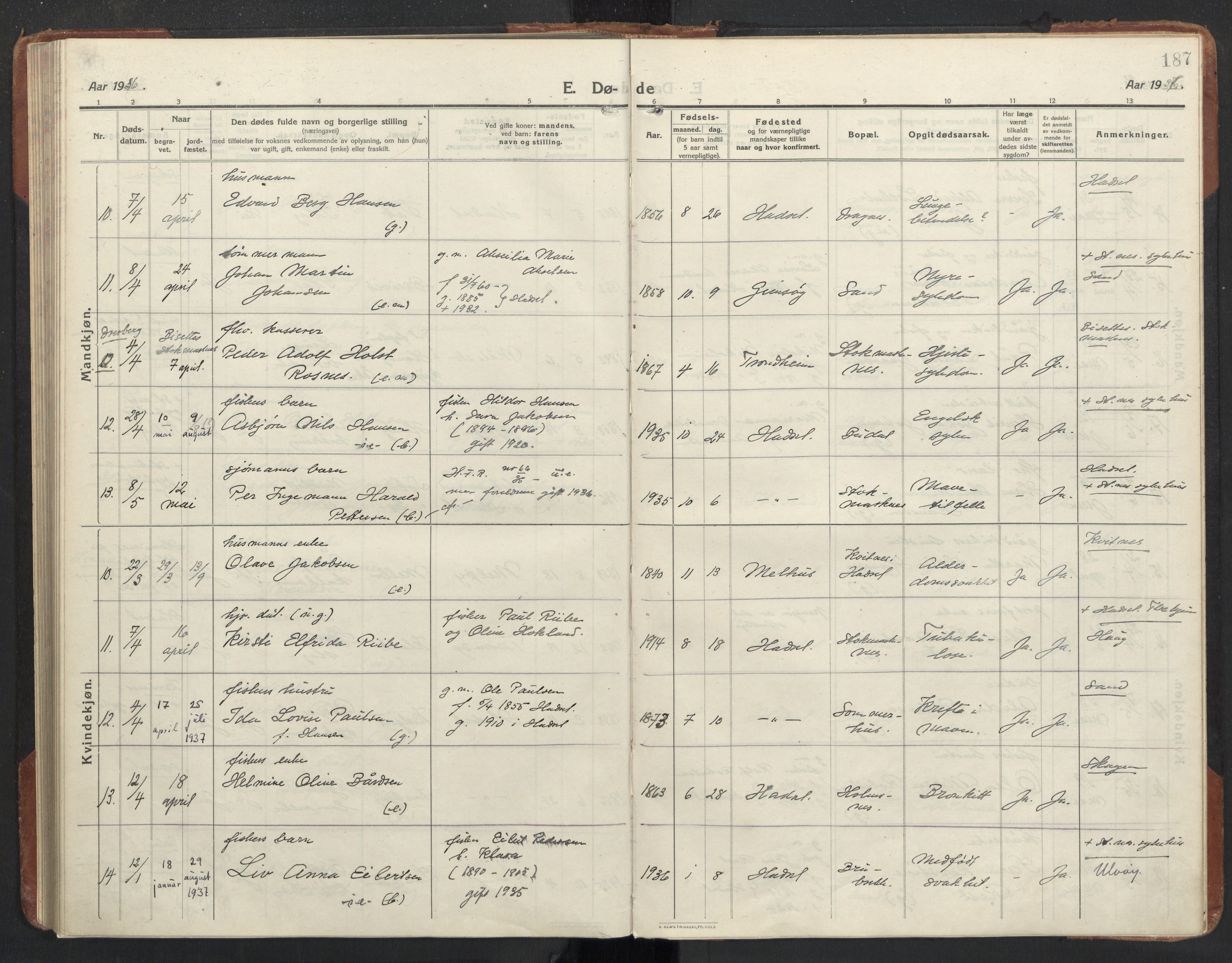 Ministerialprotokoller, klokkerbøker og fødselsregistre - Nordland, AV/SAT-A-1459/888/L1269: Parish register (copy) no. 888C11, 1913-1937, p. 187